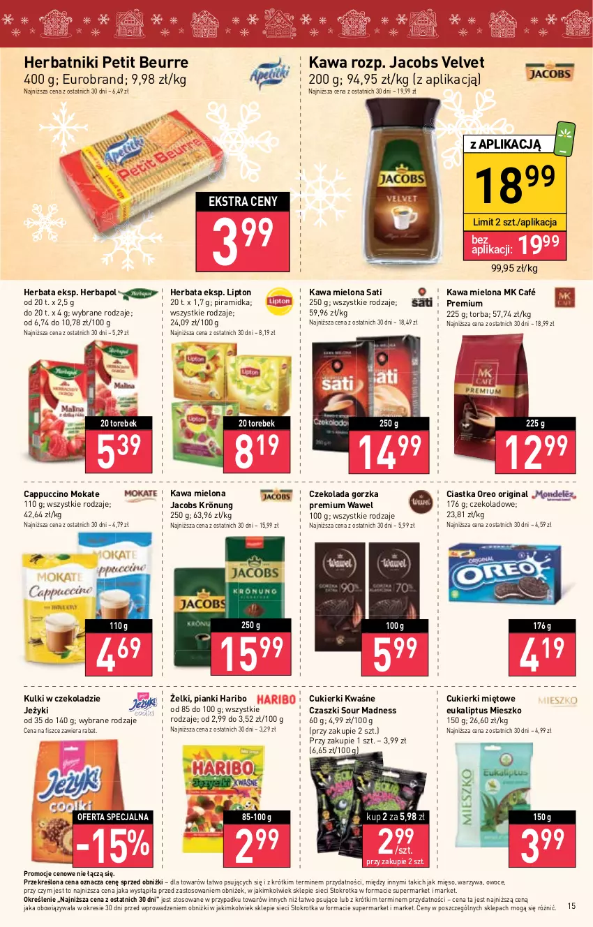 Gazetka promocyjna Stokrotka - Supermarket - ważna 23.11 do 29.11.2023 - strona 15 - produkty: Cappuccino, Ciastka, Cukier, Cukierki, Czekolada, Czekolada gorzka, Gin, Haribo, Herbapol, Herbata, Herbatniki, Herbatniki Petit Beurre, Jacobs, Jacobs Krönung, Jacobs Velvet, Jeżyki, Kawa, Kawa mielona, Lipton, Mięso, Oreo, Owoce, Sati, Torba, Velvet, Warzywa, Wawel