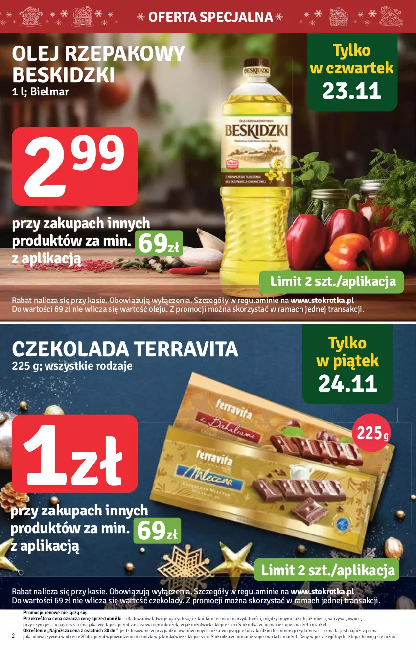 Gazetka promocyjna Stokrotka - Supermarket - ważna 23.11 do 29.11.2023 - strona 2 - produkty: Beskidzki, Czekolada, Mięso, Olej, Olej rzepakowy, Owoce, Warzywa