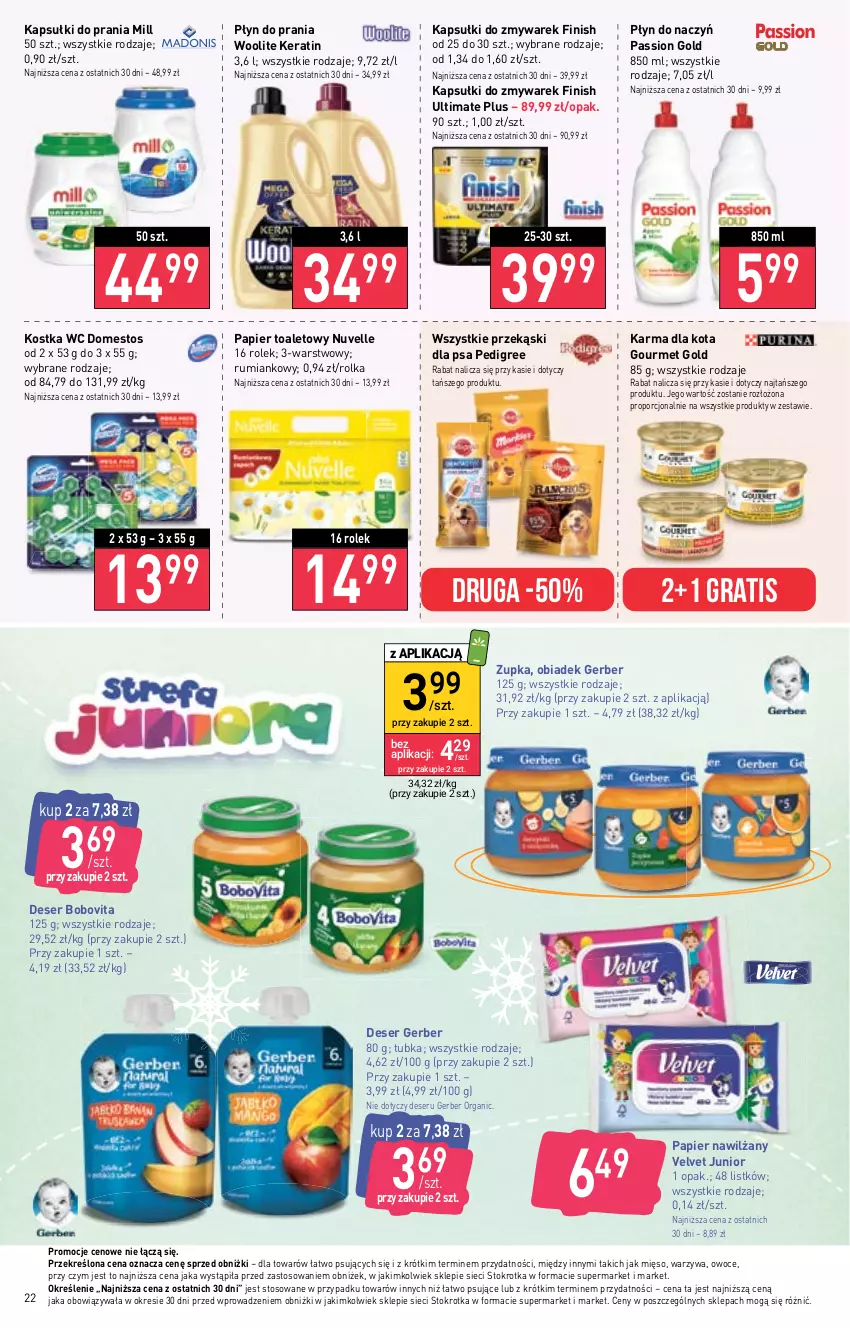 Gazetka promocyjna Stokrotka - Supermarket - ważna 23.11 do 29.11.2023 - strona 22 - produkty: BoboVita, Deser, Domestos, Finish, Gerber, Gourmet Gold, Gra, Kapsułki do prania, Mięso, Owoce, Papier, Papier toaletowy, Pedigree, Płyn do prania, Por, Przekąski dla psa, Rum, Ser, Velvet, Warzywa, Woolite