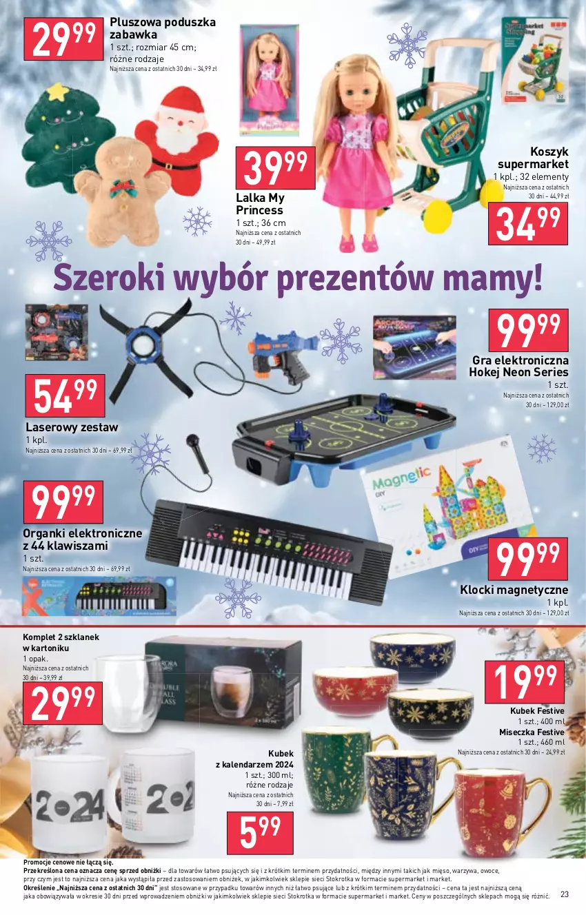 Gazetka promocyjna Stokrotka - Supermarket - ważna 23.11 do 29.11.2023 - strona 23 - produkty: Gra, Kalendarz, Klocki, Kosz, Kubek, Lalka, Mięso, Miseczka, Owoce, Poduszka, Ser, Tonik, Warzywa, Zabawka