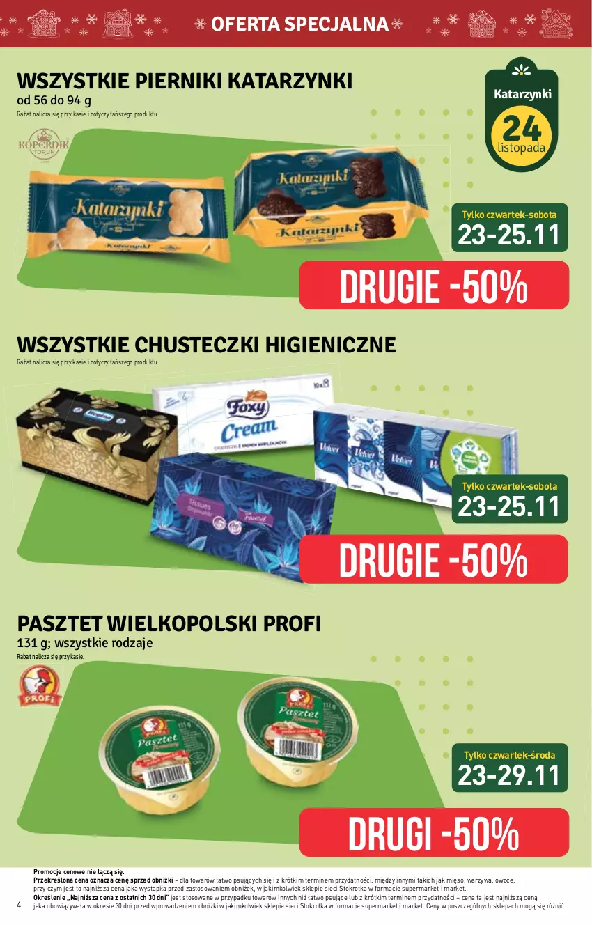 Gazetka promocyjna Stokrotka - Supermarket - ważna 23.11 do 29.11.2023 - strona 4 - produkty: Chusteczki, Mięso, Owoce, Pasztet, Piernik, Top, Warzywa