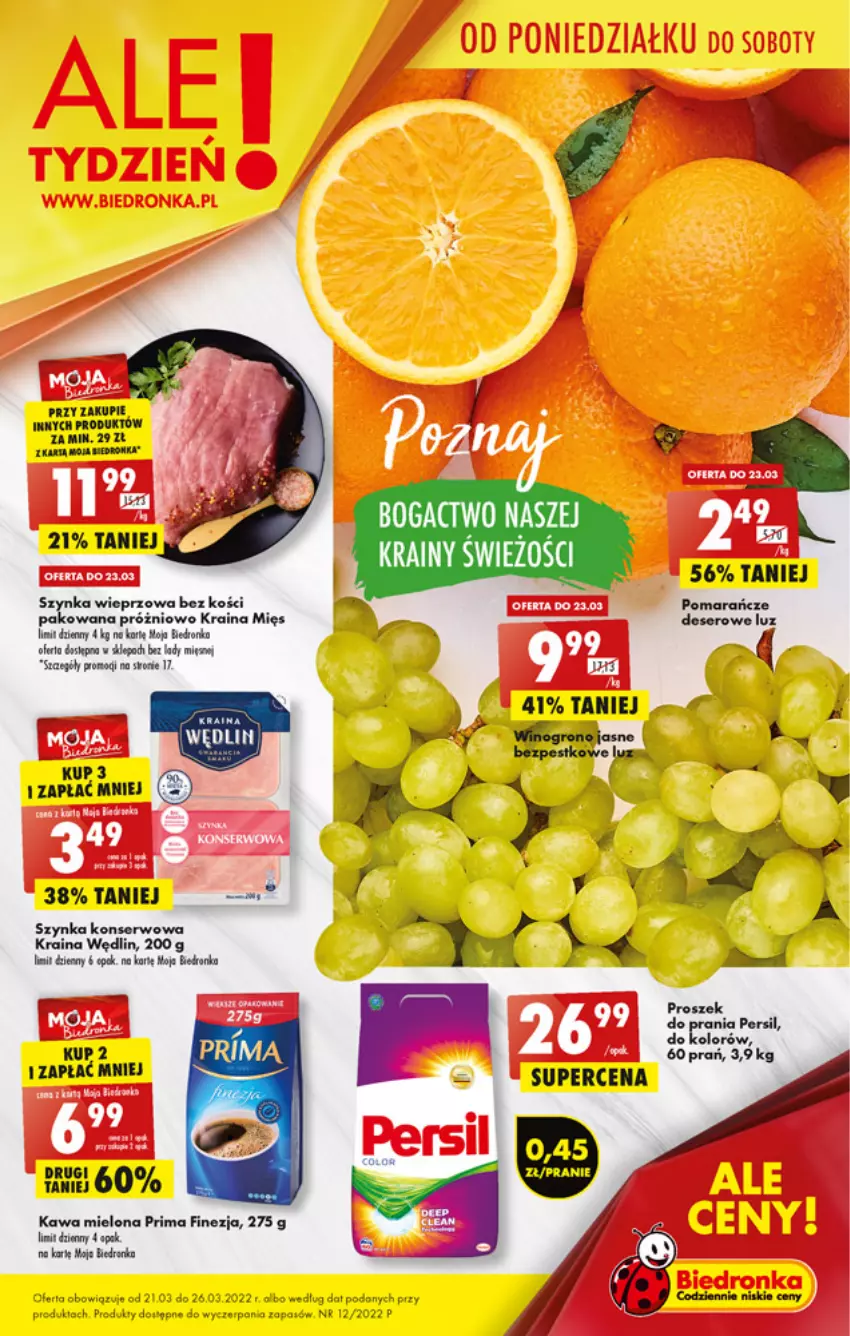 Gazetka promocyjna Biedronka - W tym tygodniu PN - ważna 21.03 do 26.03.2022 - strona 1 - produkty: Deser, Kawa, Kawa mielona, O nas, Persil, Pomarańcze, Prima, Ser, Szynka, Szynka konserwowa