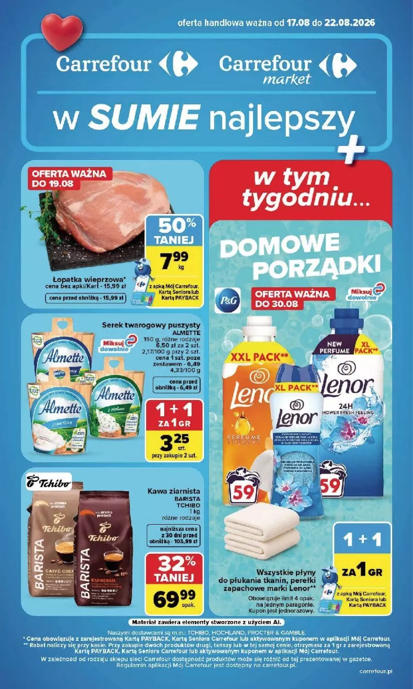 Gazetka promocyjna Carrefour - Gazetka Carrefour, Market w SUMIE najlepszy, od poniedziałku - ważna 17.08 do 22.08.2026 - strona 1 - produkty: Almette, Fa, Kawa, Kawa ziarnista, Lenor, Ser, Serek, Serek twarogowy