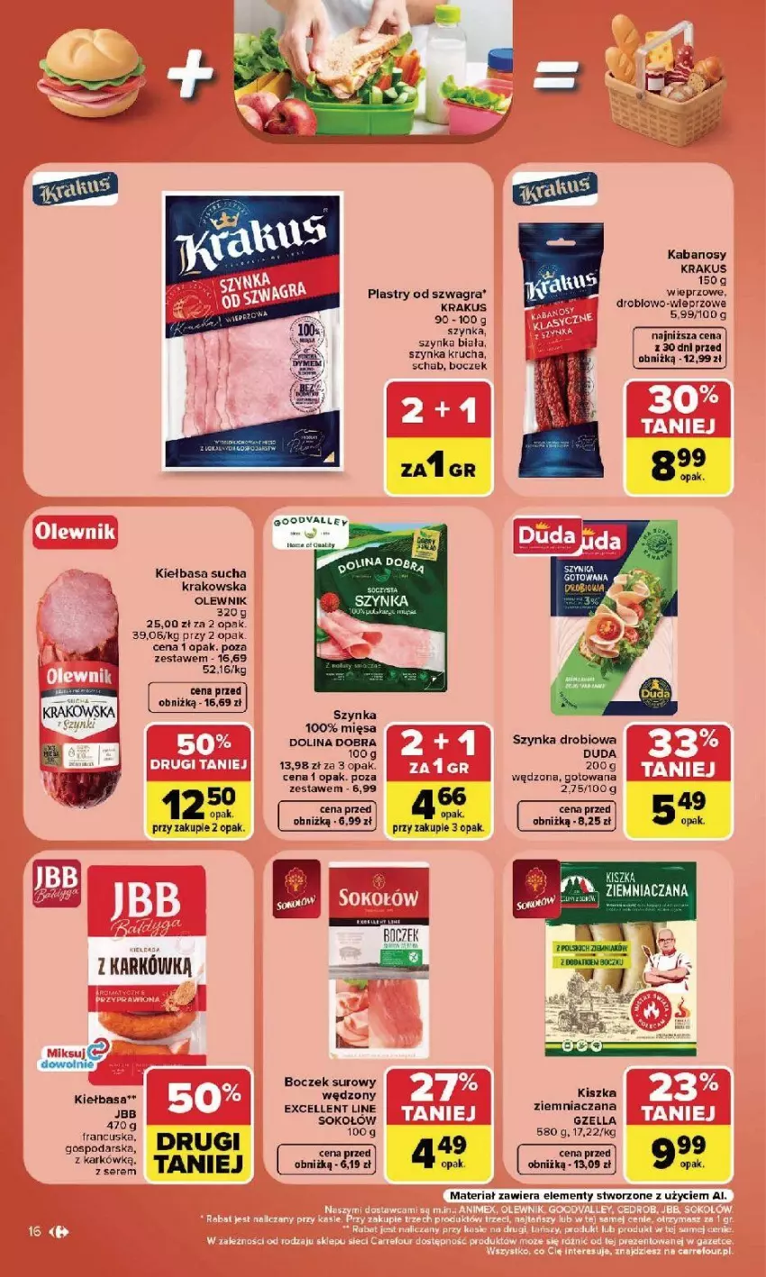 Gazetka promocyjna Carrefour - Gazetka Carrefour, Market w SUMIE najlepszy, od poniedziałku - ważna 17.08 do 22.08.2026 - strona 18 - produkty: Boczek, Duda, Gra, Kabanos, Kiełbasa, Krakus, Por, Sok, Sokołów, Szynka, Szynka biała