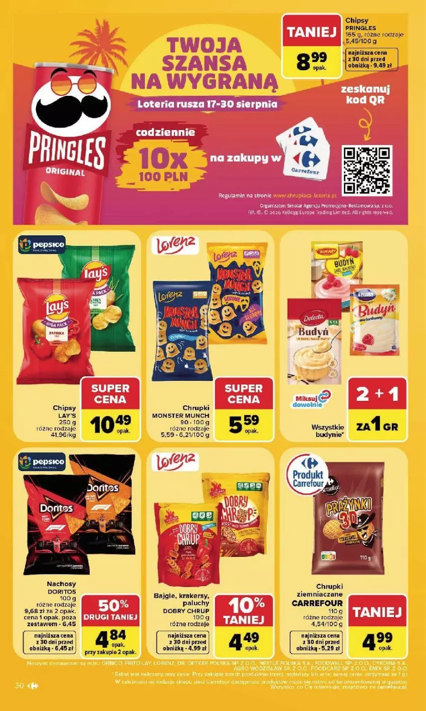 Gazetka promocyjna Carrefour - Gazetka Carrefour, Market w SUMIE najlepszy, od poniedziałku - ważna 17.08 do 22.08.2026 - strona 32 - produkty: Bajgle, Chipsy, Chrupki, Fa, Krakersy, Monster Munch, Pringles