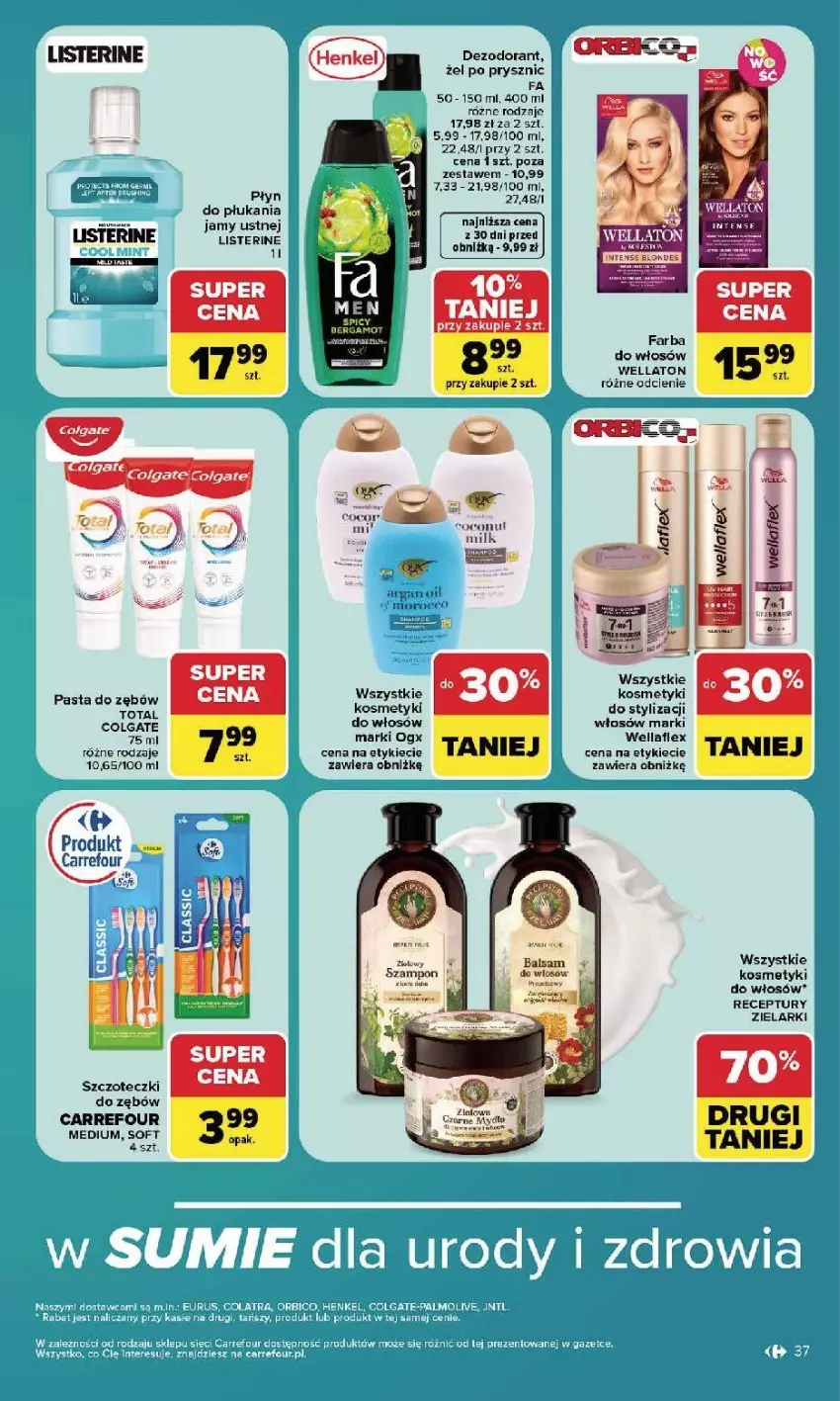 Gazetka promocyjna Carrefour - Gazetka Carrefour, Market w SUMIE najlepszy, od poniedziałku - ważna 17.08 do 22.08.2026 - strona 39 - produkty: Colgate, Dezodorant, Fa, LG, Listerine, Pasta do zębów, Szampon, Wella, Wellaflex