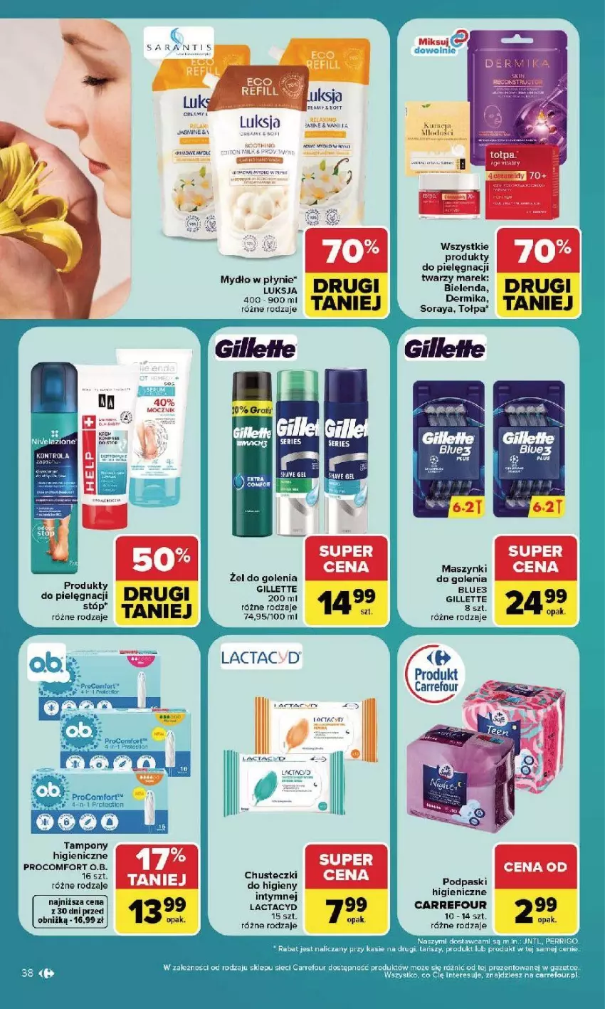Gazetka promocyjna Carrefour - Gazetka Carrefour, Market w SUMIE najlepszy, od poniedziałku - ważna 17.08 do 22.08.2026 - strona 40 - produkty: Bielenda, Chusteczki, Dermika, Fa, Gillette, Gry, Lactacyd, Luksja, Mydło, Mydło w płynie, O.B., Podpaski, Stek, Tołpa