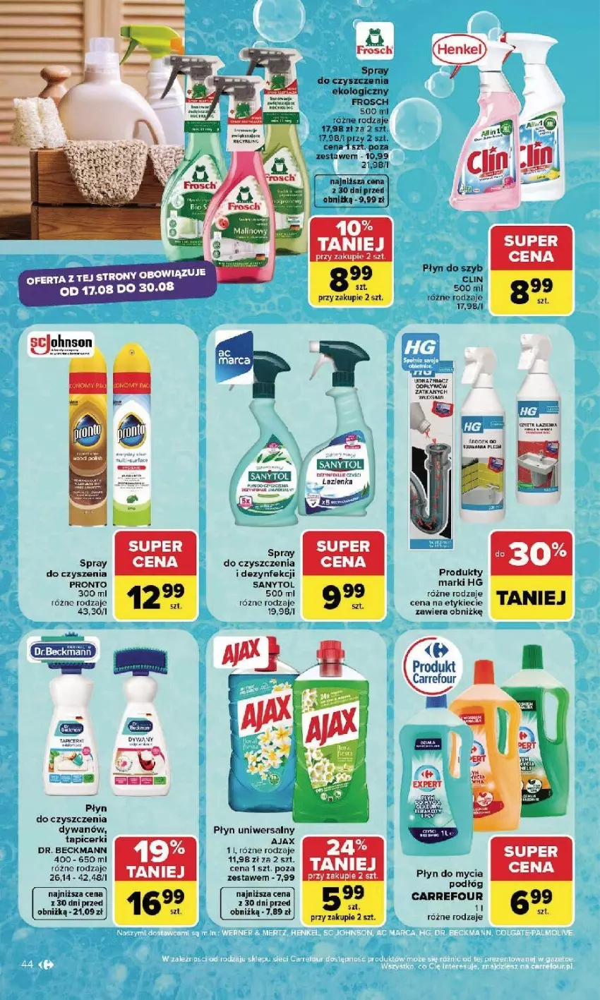 Gazetka promocyjna Carrefour - Gazetka Carrefour, Market w SUMIE najlepszy, od poniedziałku - ważna 17.08 do 22.08.2026 - strona 46 - produkty: Ajax, Dywan, Fa, Frosch, LG, Płyn do mycia, Płyn do mycia podłóg, Płyn do szyb, Pronto, Spray do czyszczenia