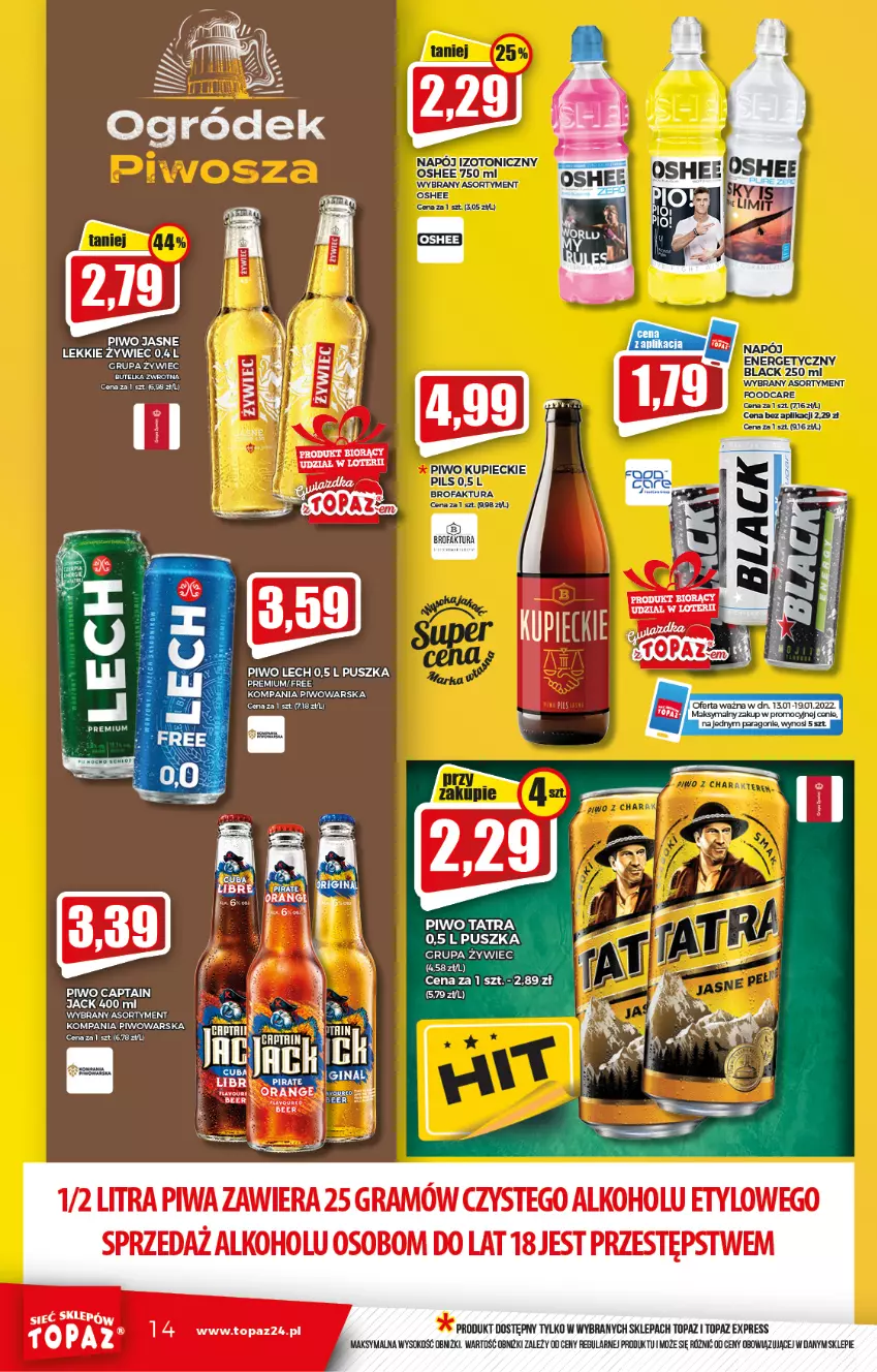 Gazetka promocyjna Topaz - Gazetka - ważna 13.01 do 19.01.2022 - strona 14 - produkty: Gra, Lack, Napój, Piwa, Piwo, Sok, Tatra, Top