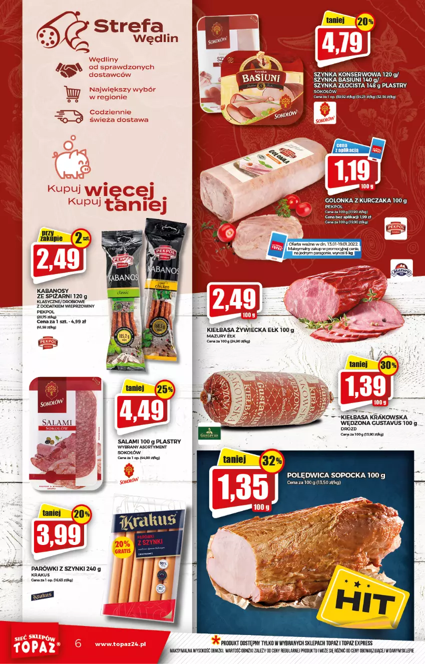 Gazetka promocyjna Topaz - Gazetka - ważna 13.01 do 19.01.2022 - strona 6 - produkty: Fa, Kiełbasa, Kiełbasa krakowska, Krakus, Parówki, Parówki z szynki, Pekpol, Polędwica, Salami, Ser, Sok, Sokołów, Szynka, Szynka konserwowa, Top