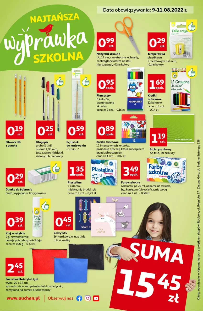 Gazetka promocyjna Auchan - Najtańsza wyprawka szkolna - ważna 09.08 do 11.08.2022 - strona 1 - produkty: Baton, Cień, Długopis, Fa, Flamastry, Klej, Noż, Nożyczki, Piec, Piórnik, Plastelina, Por, Ser, Sharp, Tusz, Uchwyty