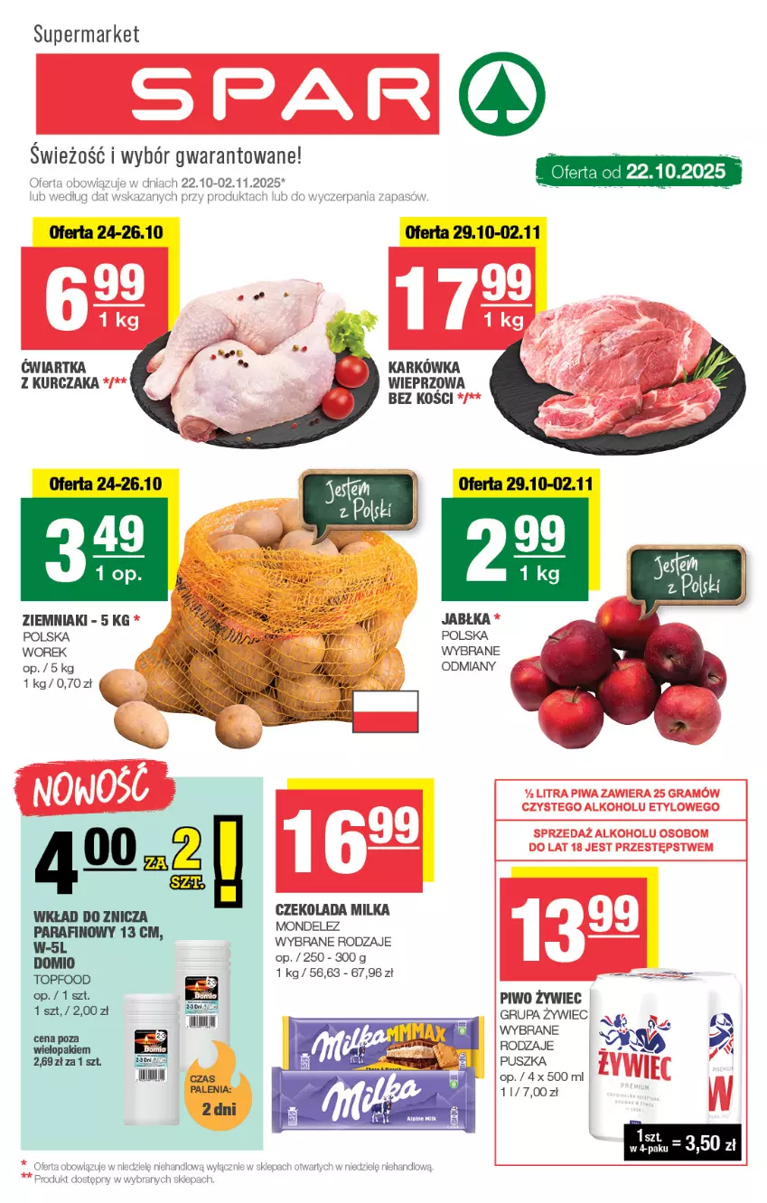Gazetka promocyjna Spar - Spar - ważna 19.10 do 29.10.2025 - strona 1 - produkty: Czekolada, Jabłka, Karkówka wieprzowa, Kurczak, Milka, Piwo, Top, Ziemniaki, Znicz