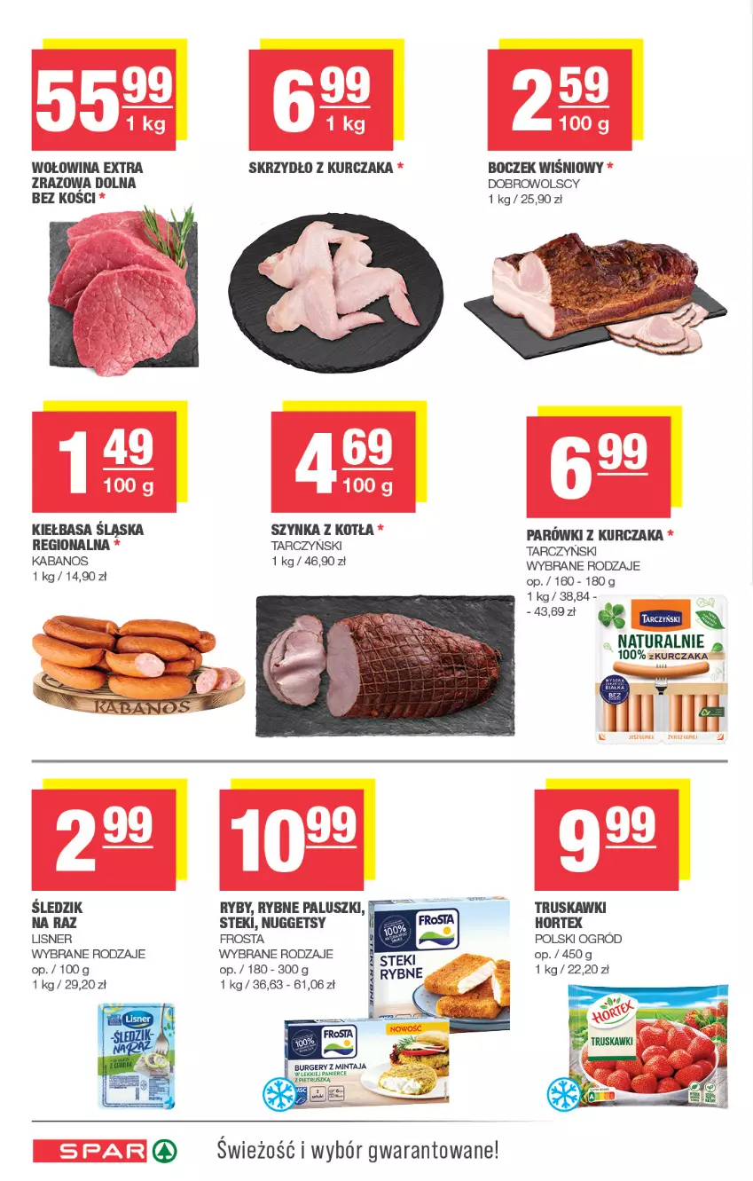 Gazetka promocyjna Spar - Spar - ważna 19.10 do 29.10.2025 - strona 4 - produkty: Boczek, Burger, Frosta, Hortex, Kabanos, Kiełbasa, Kiełbasa śląska, Kurczak, Lisner, Mintaj, Ogród, Parówki, Stek, Szynka, Tarczyński, Truskawki, Wołowina