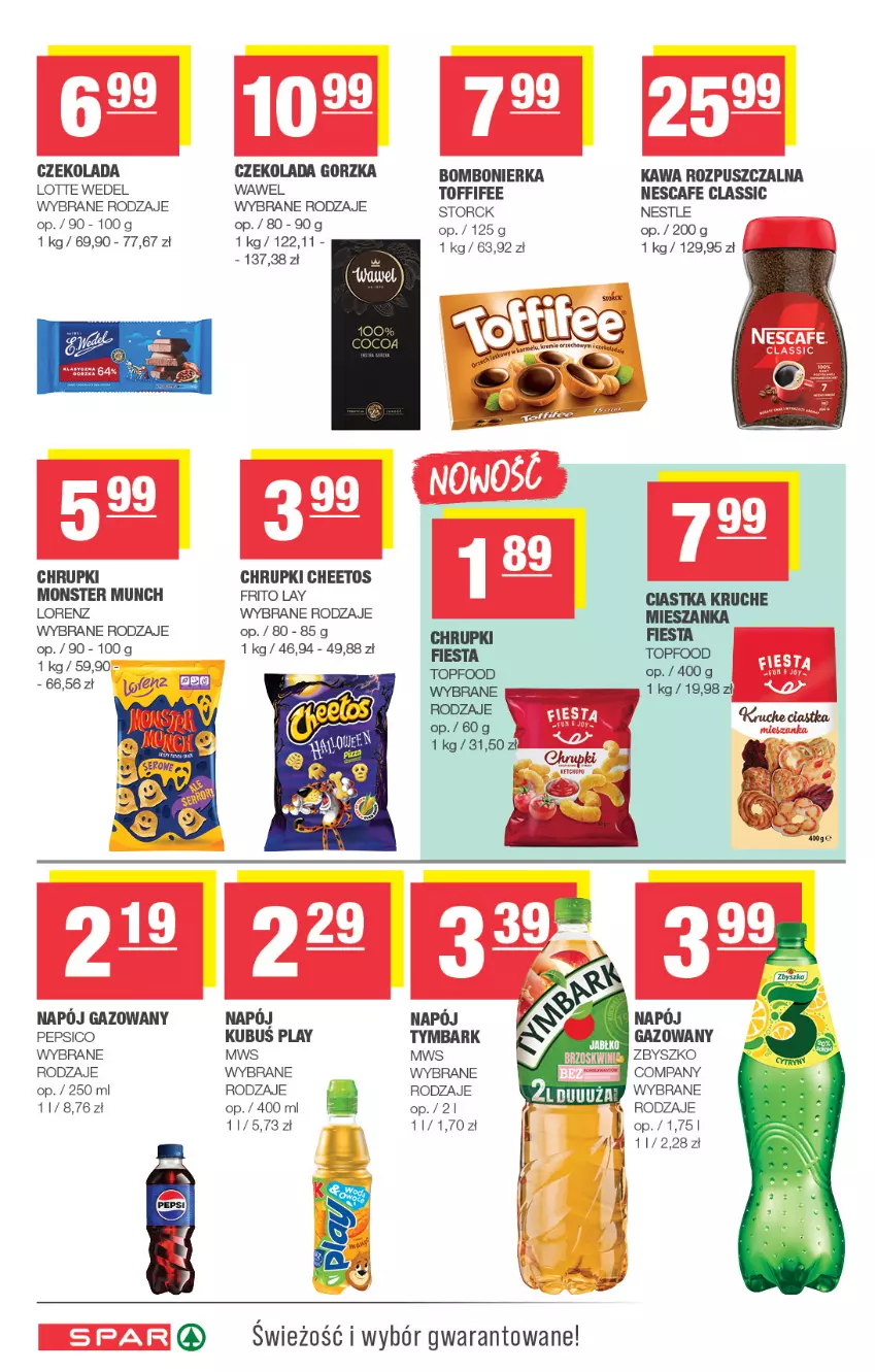 Gazetka promocyjna Spar - Spar - ważna 19.10 do 29.10.2025 - strona 6 - produkty: Cheetos, Chrupki, Ciastka, Czekolada, Czekolada gorzka, Kawa, Kawa rozpuszczalna, Lorenz, Monster Munch, Napój, Pepsi, Sos, Toffifee, Top, Tymbark, Wawel