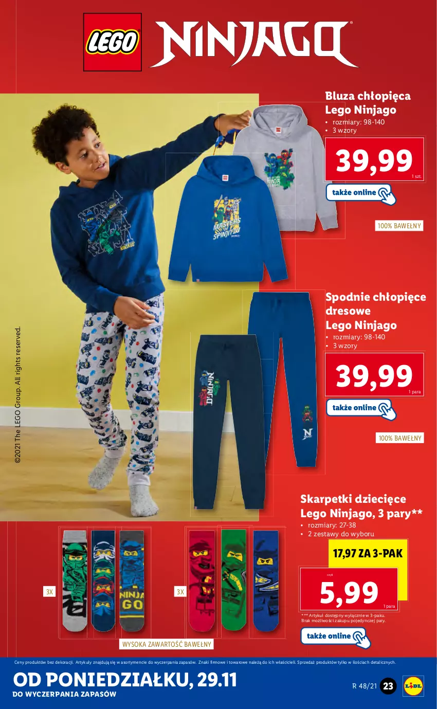 Gazetka promocyjna Lidl - GAZETKA - ważna 29.11 do 05.12.2021 - strona 23 - produkty: Bluza, Dres, Dzieci, Karp, LEGO, LEGO Ninjago, Ser, Skarpetki, Sok, Spodnie