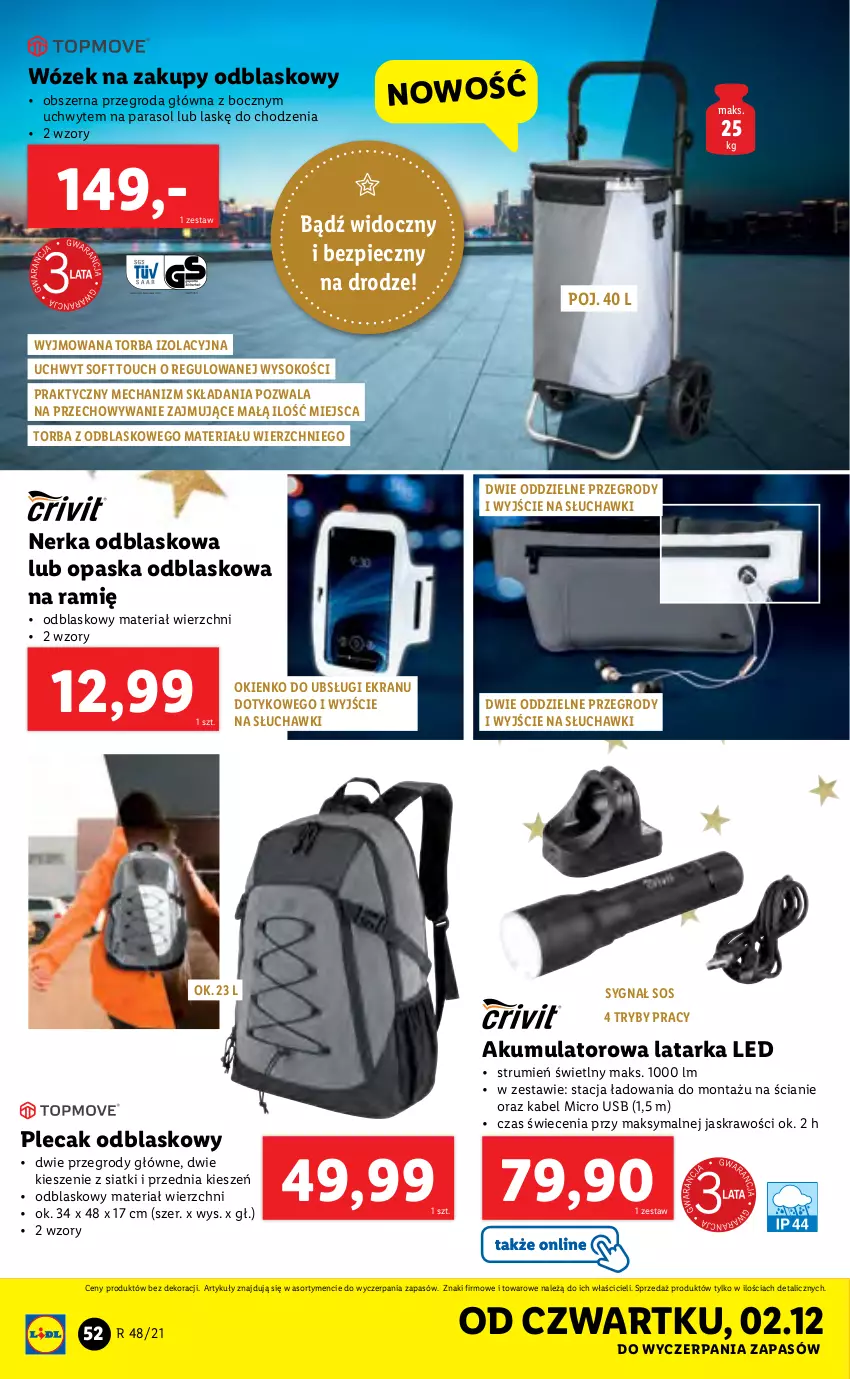 Gazetka promocyjna Lidl - GAZETKA - ważna 29.11 do 05.12.2021 - strona 52 - produkty: Akumulator, Latarka, Latarka LED, Opaska, Parasol, Piec, Plecak, Rum, Słuchawki, Sok, Sos, Tarka, Torba, Wózek, Wózek na zakupy