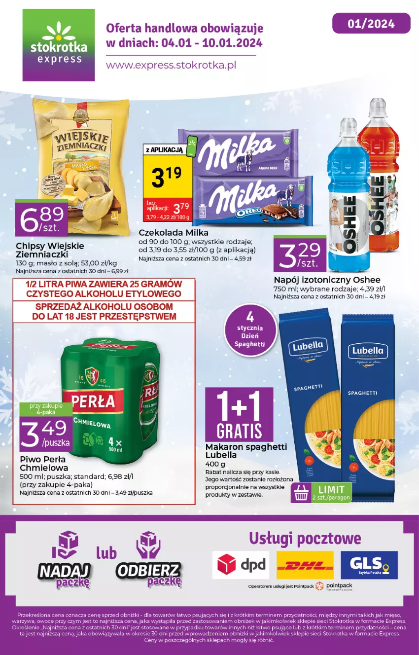 Gazetka promocyjna Stokrotka - Stokrotka Express - ważna 04.01 do 10.01.2024 - strona 1 - produkty: Chipsy, Czekolada, Eleo, Leon, Makaron, Masło, Milka, Napój, Napój izotoniczny, Oshee, Perła, Piwo, Por, Spaghetti