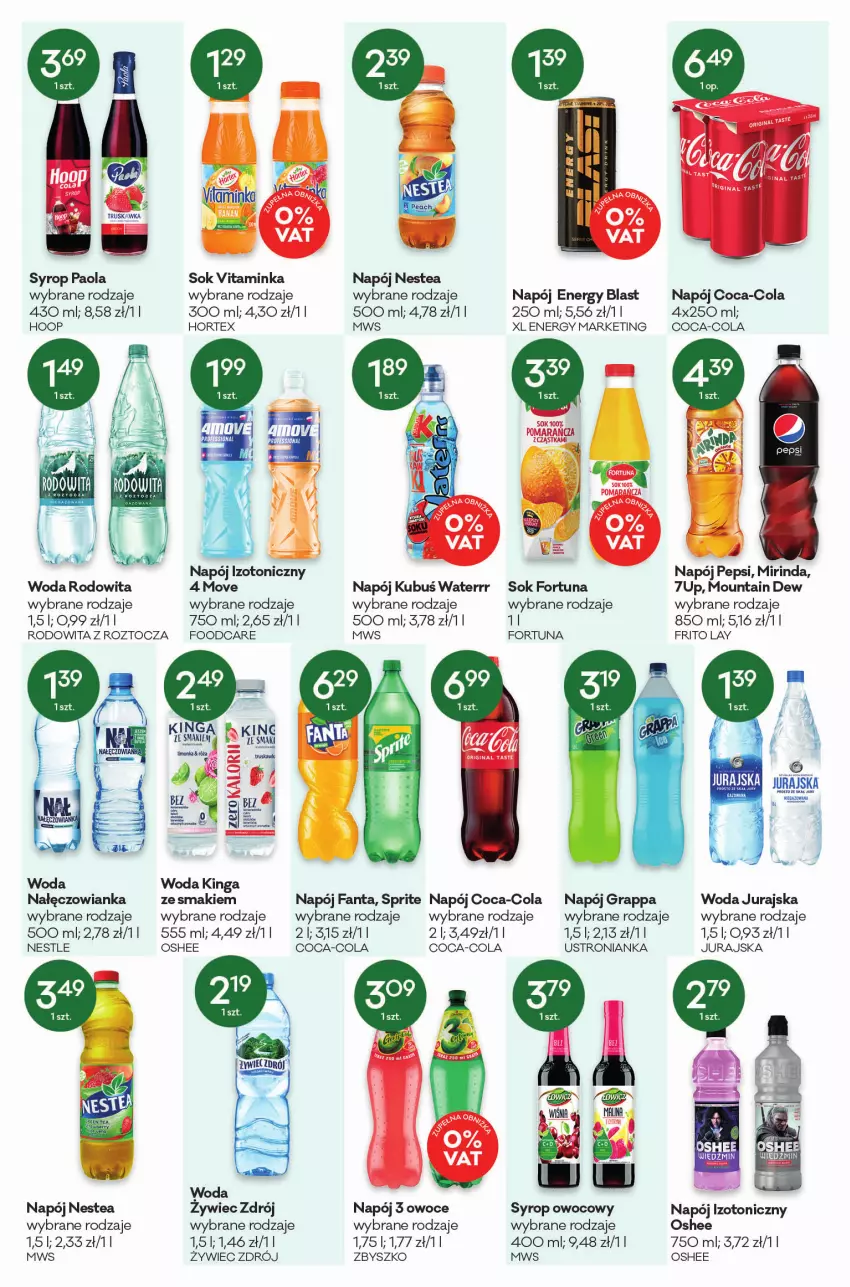 Gazetka promocyjna Groszek - ważna 03.03 do 15.03.2022 - strona 10 - produkty: Coca-Cola, Fa, Fanta, Fortuna, Gra, Grappa, Hoop, Hortex, Inka, Kubuś, Kubuś Waterrr, Mirinda, Nałęczowianka, Napój, Napój izotoniczny, Nestea, Oshee, Owoce, Paola, Pepsi, Sok, Sprite, Syrop, Woda