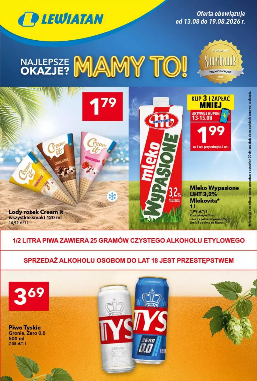Gazetka promocyjna Lewiatan - Gazetka ogólnopolska - ważna 13.08 do 19.08.2026 - strona 1 - produkty: Lody, Piwo, Tyskie