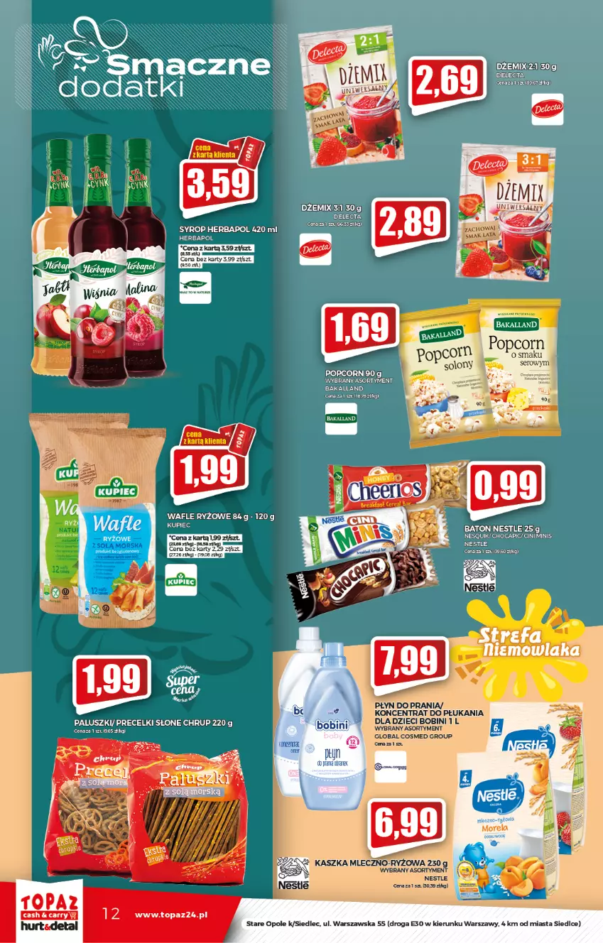 Gazetka promocyjna Topaz - Gazetka - ważna 05.08 do 11.08.2021 - strona 12 - produkty: Bakalland, Baton, Cini Minis, Delecta, Dżem, Fa, Nesquik, Orka, Popcorn, Precelki, Top