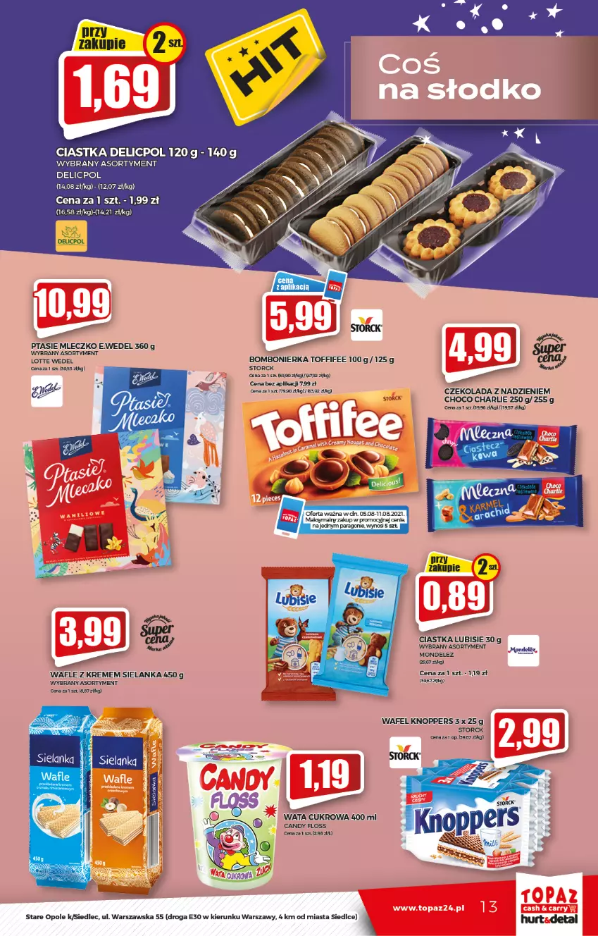 Gazetka promocyjna Topaz - Gazetka - ważna 05.08 do 11.08.2021 - strona 13 - produkty: Candy, Ciastka, Czekolada, Knoppers, Lubisie, Mleczko, Ptasie mleczko, Toffifee, Top, Wafle