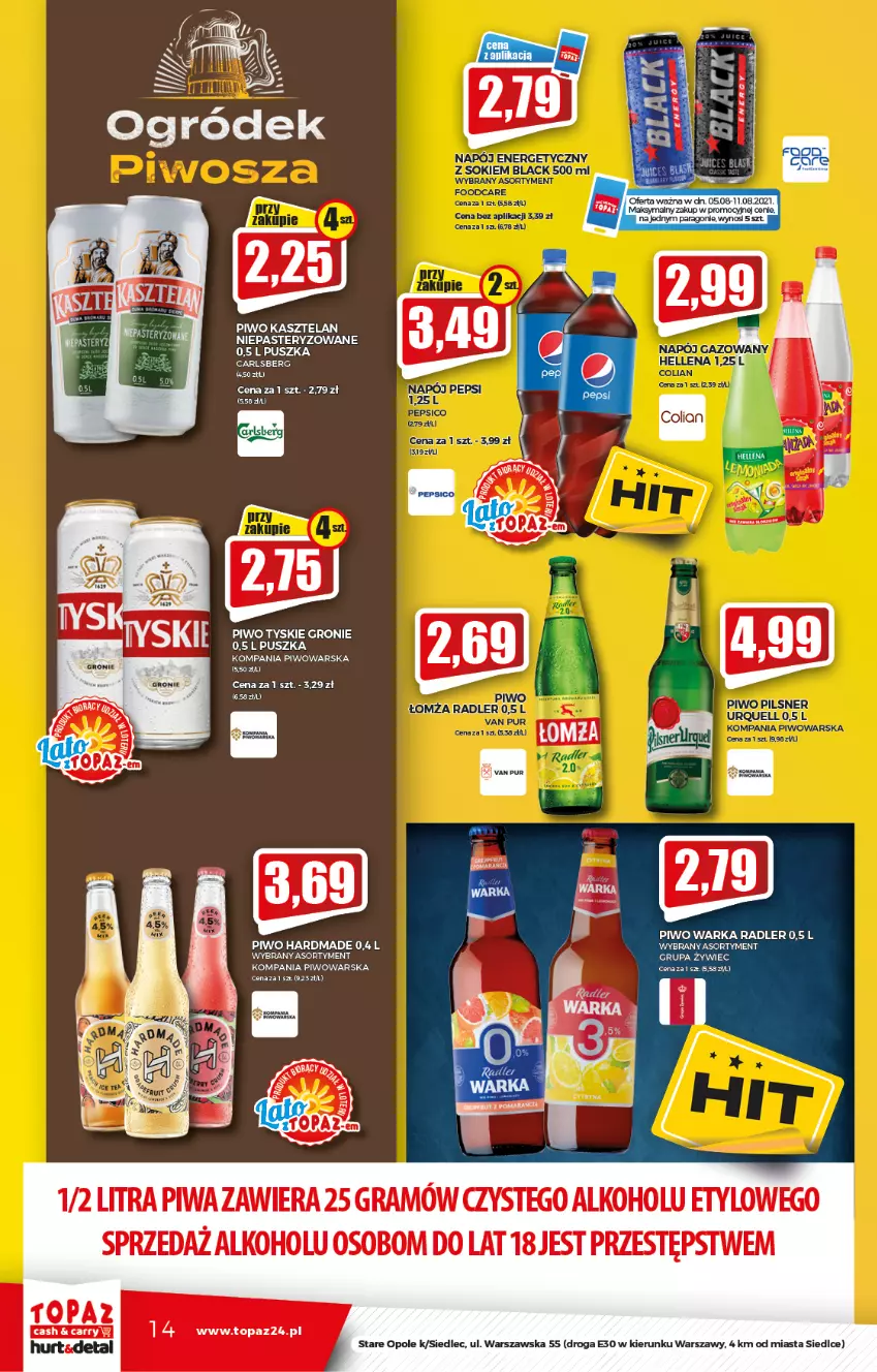 Gazetka promocyjna Topaz - Gazetka - ważna 05.08 do 11.08.2021 - strona 14 - produkty: Carlsberg, Gra, Kasztelan, Piwa, Piwo, Radler, Top, Tyskie, Warka