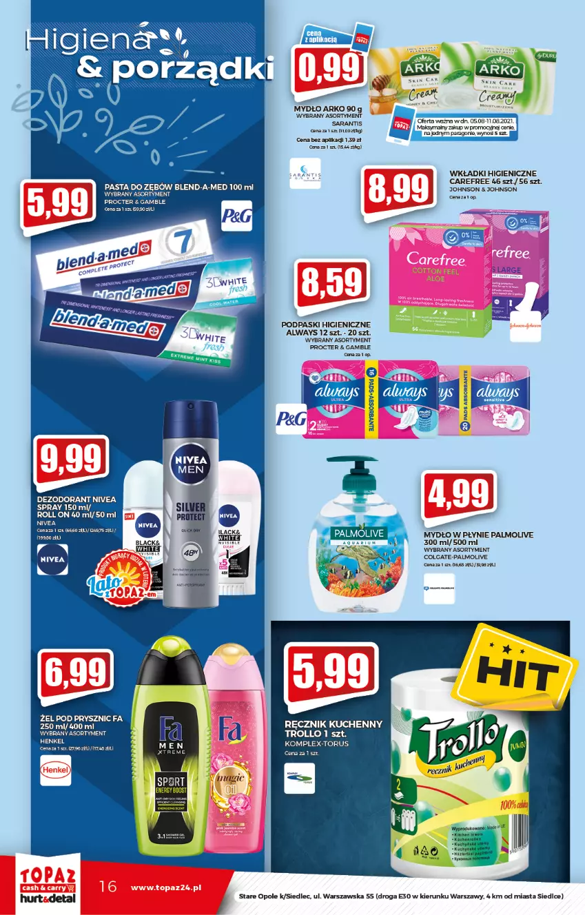 Gazetka promocyjna Topaz - Gazetka - ważna 05.08 do 11.08.2021 - strona 16 - produkty: Always, Blend-a-Med, Carefree, Colgate, Dezodorant, Fa, LG, Mydło, Mydło w płynie, Nivea, Palmolive, Pasta do zębów, Podpaski, Ręcznik, Ręcznik kuchenny, Wkładki