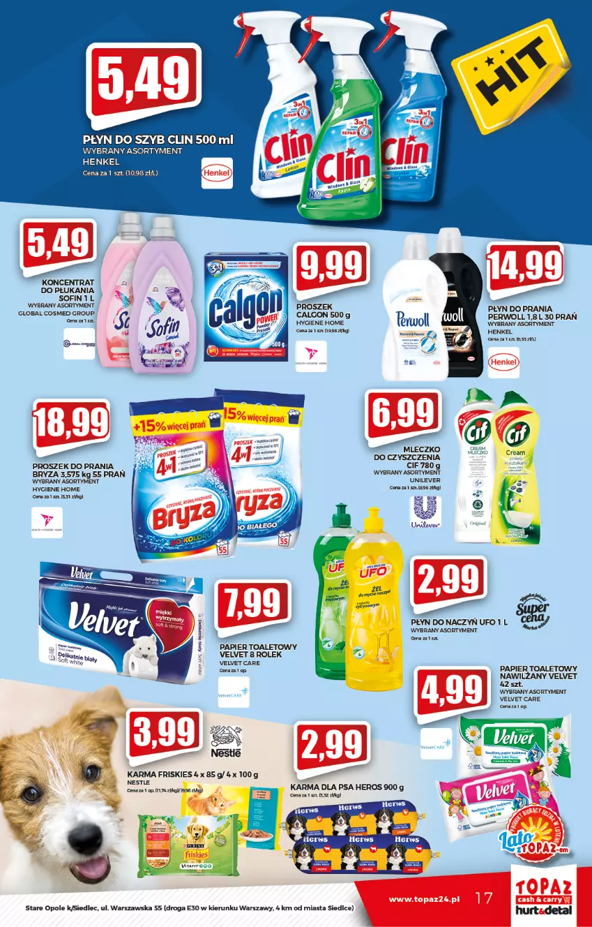 Gazetka promocyjna Topaz - Gazetka - ważna 05.08 do 11.08.2021 - strona 17 - produkty: Bryza, Calgon, Cif, Clin, Friskies, LG, Papier, Papier toaletowy, Perwoll, Płyn do prania, Płyn do szyb, Proszek do prania, Velvet