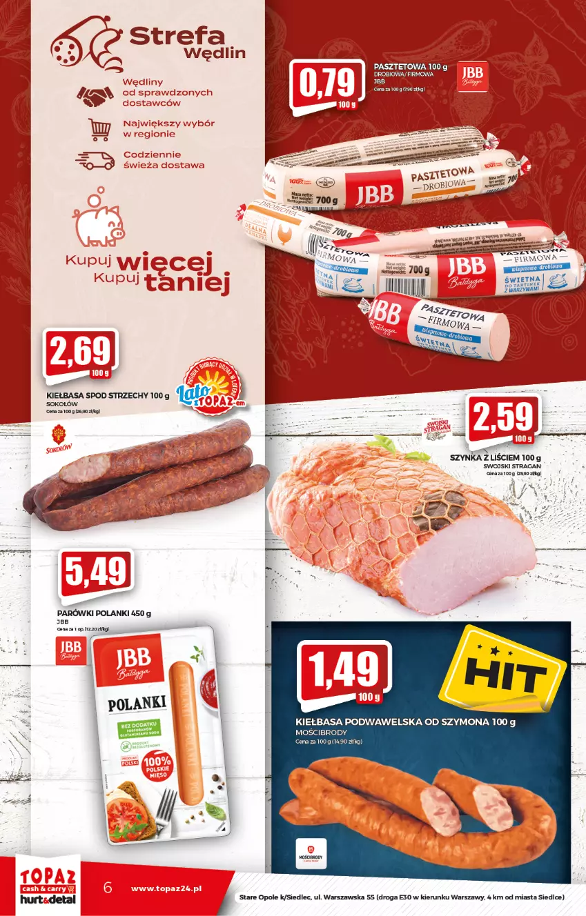 Gazetka promocyjna Topaz - Gazetka - ważna 05.08 do 11.08.2021 - strona 6 - produkty: Kiełbasa, Kiełbasa podwawelska, Lanki, Pasztet, Szynka, Wawel