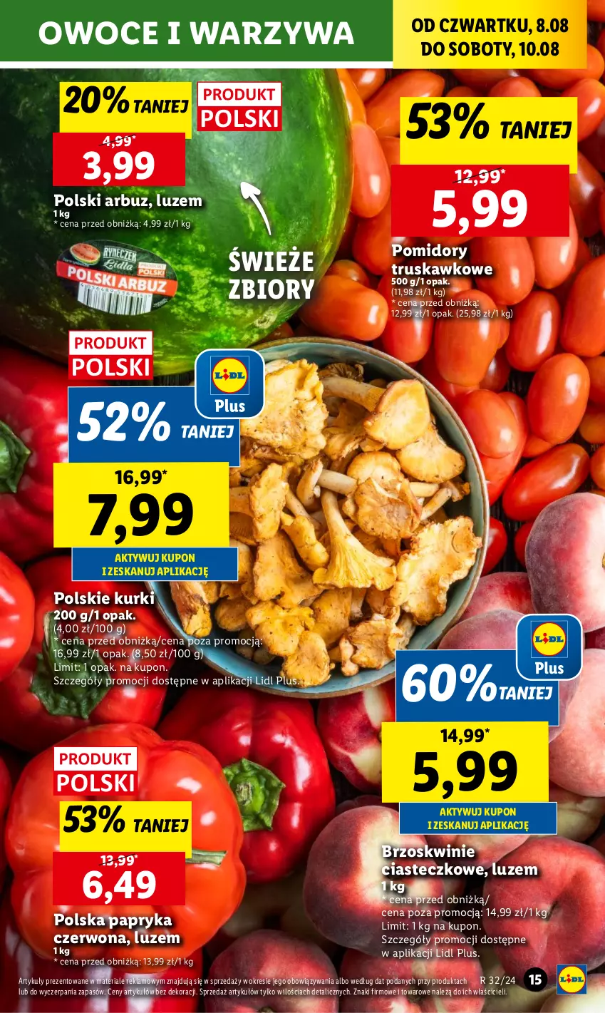 Gazetka promocyjna Lidl - GAZETKA - ważna 08.08 do 10.08.2024 - strona 19 - produkty: Arbuz, Brzoskwinie, Owoce, Papryka, Papryka czerwona, Pomidory, Warzywa