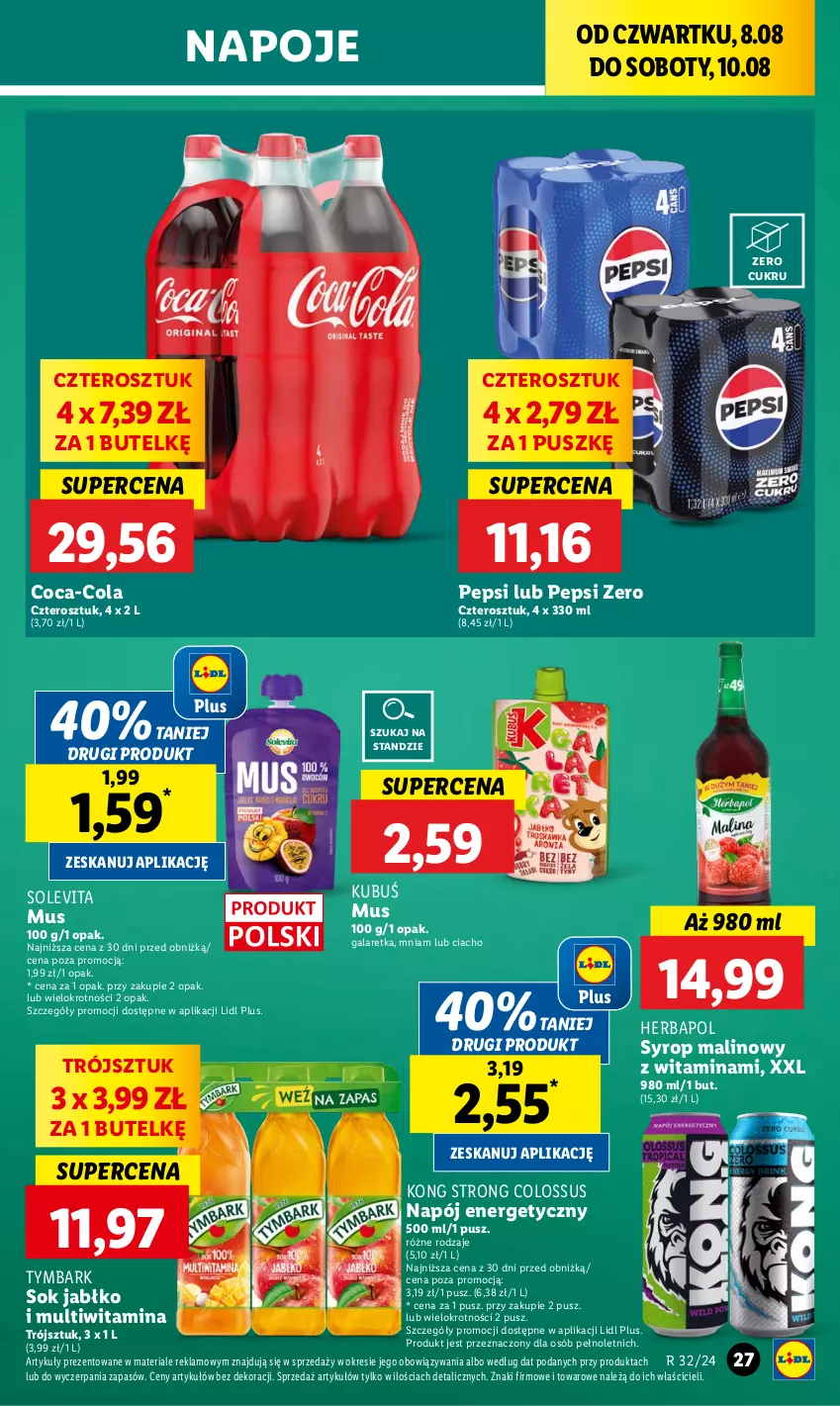 Gazetka promocyjna Lidl - GAZETKA - ważna 08.08 do 10.08.2024 - strona 31 - produkty: Coca-Cola, Gala, Galaretka, Herbapol, Kubuś, Mus, Napój, Napój energetyczny, Napoje, Pepsi, Sok, Syrop, Tymbark