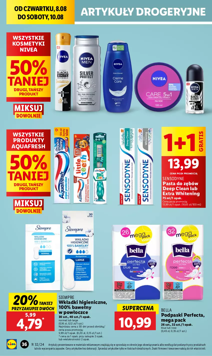 Gazetka promocyjna Lidl - GAZETKA - ważna 08.08 do 10.08.2024 - strona 42 - produkty: Aquafresh, Bell, Bella, Gra, Nivea, Pasta do zębów, Perfecta, Podpaski, Sensodyne, Wkładki