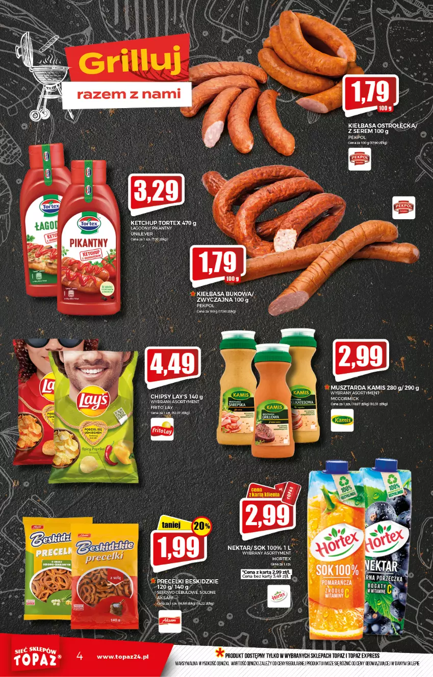 Gazetka promocyjna Topaz - Gazetka - ważna 19.08 do 25.08.2021 - strona 4 - produkty: Beskidzki, Chipsy, Kamis, Ketchup, Kiełbasa, Mus, Musztarda, Nektar, Pekpol, Precelki, Ser, Sok, Top