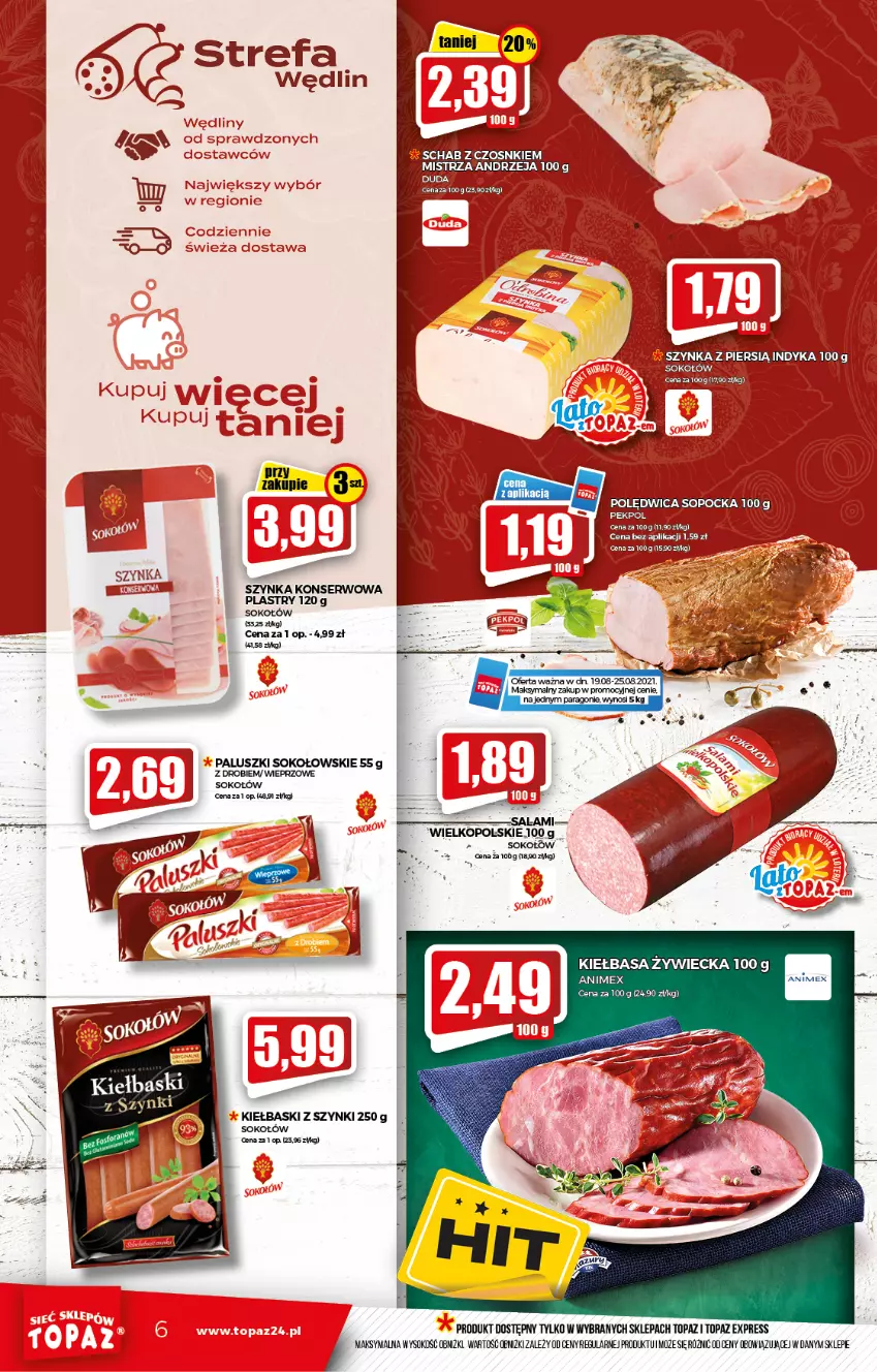 Gazetka promocyjna Topaz - Gazetka - ważna 19.08 do 25.08.2021 - strona 6 - produkty: Fa, Kiełbasa, Salami, Ser, Sok, Sokołów, Szynka, Szynka konserwowa, Top