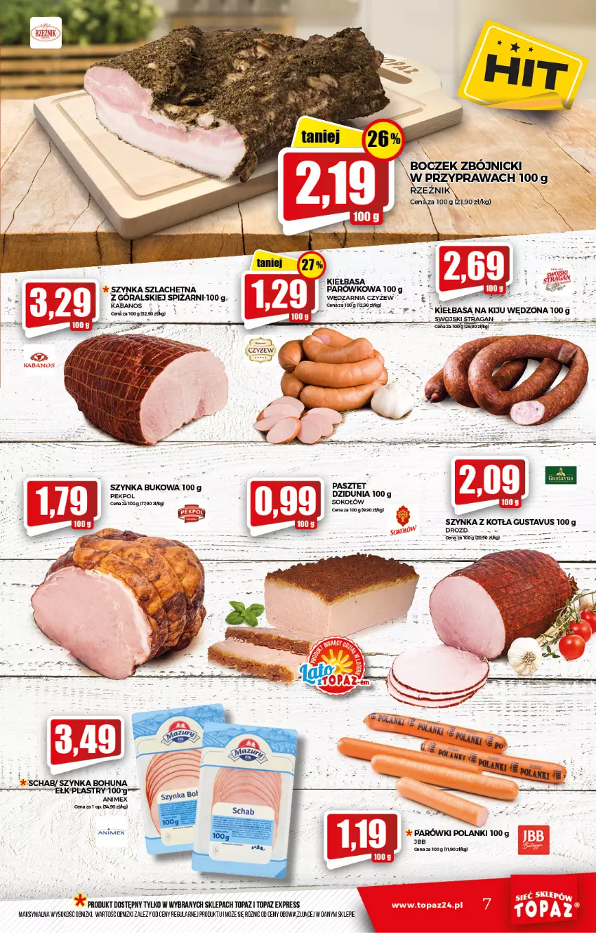 Gazetka promocyjna Topaz - Gazetka - ważna 19.08 do 25.08.2021 - strona 7 - produkty: Boczek, Kiełbasa, Pasztet, Pekpol, Sok, Sokołów, Szynka, Top