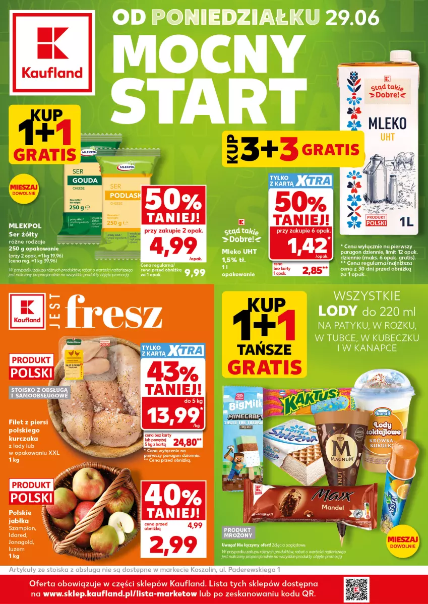 Gazetka promocyjna Kaufland - Mocny Start - ważna 29.06 do 01.07.2026 - strona 1 - produkty: Gra, Jonagold, Kurczak, Lody, Mleko, Por, Ser, Waga