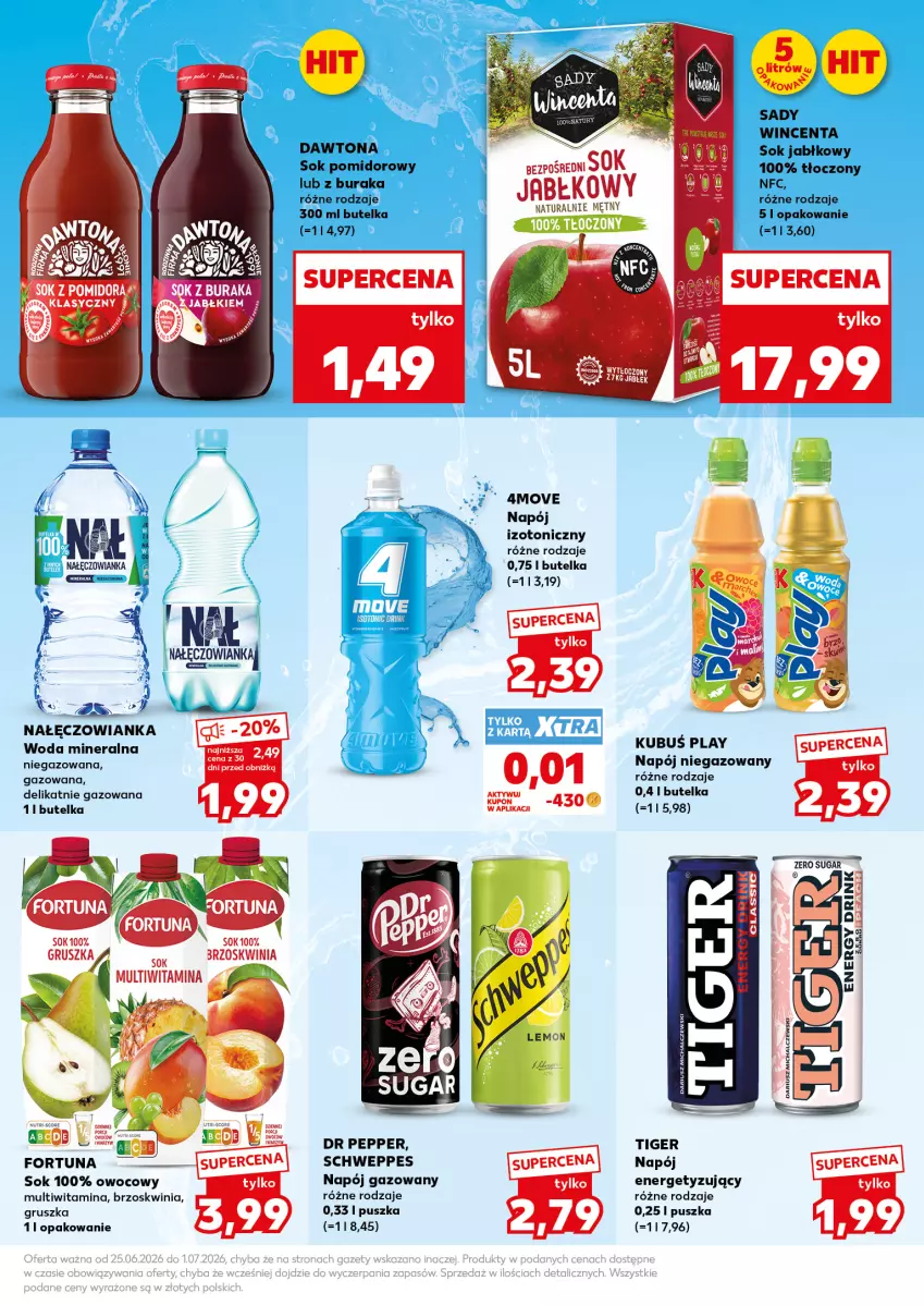 Gazetka promocyjna Kaufland - Mocny Start - ważna 29.06 do 01.07.2026 - strona 27 - produkty: Dawtona, Fortuna, Gin, Kubuś, Nałęczowianka, Napój, Napój gazowany, Napój izotoniczny, Napój niegazowany, Schweppes, Sok, Sok jabłkowy, Sok pomidorowy, Tiger, Woda, Woda mineralna