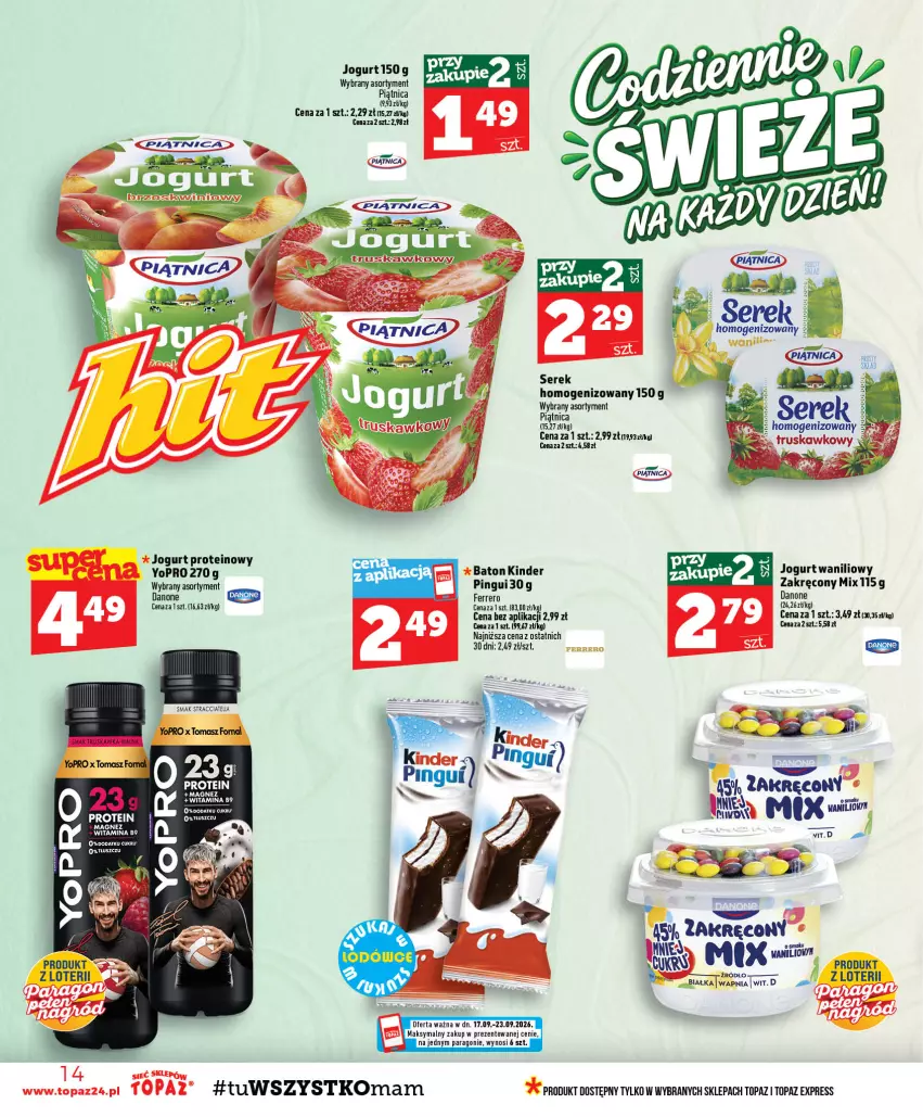 Gazetka promocyjna Topaz - Gazetka - ważna 17.09 do 23.09.2026 - strona 14 - produkty: Baton, Danone, Ferrero, Jogurt, Kinder, Magnez, Piątnica, Top
