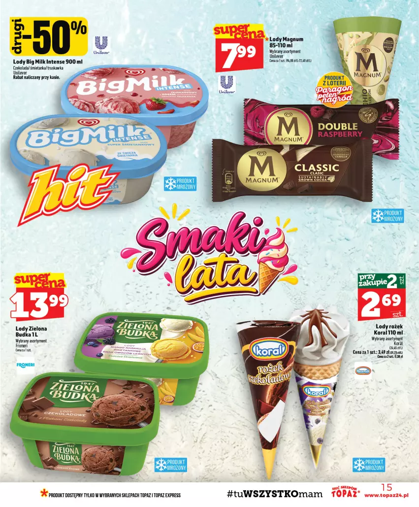 Gazetka promocyjna Topaz - Gazetka - ważna 17.09 do 23.09.2026 - strona 15 - produkty: Big Milk, Czekolada, Lody, Top, Zielona Budka