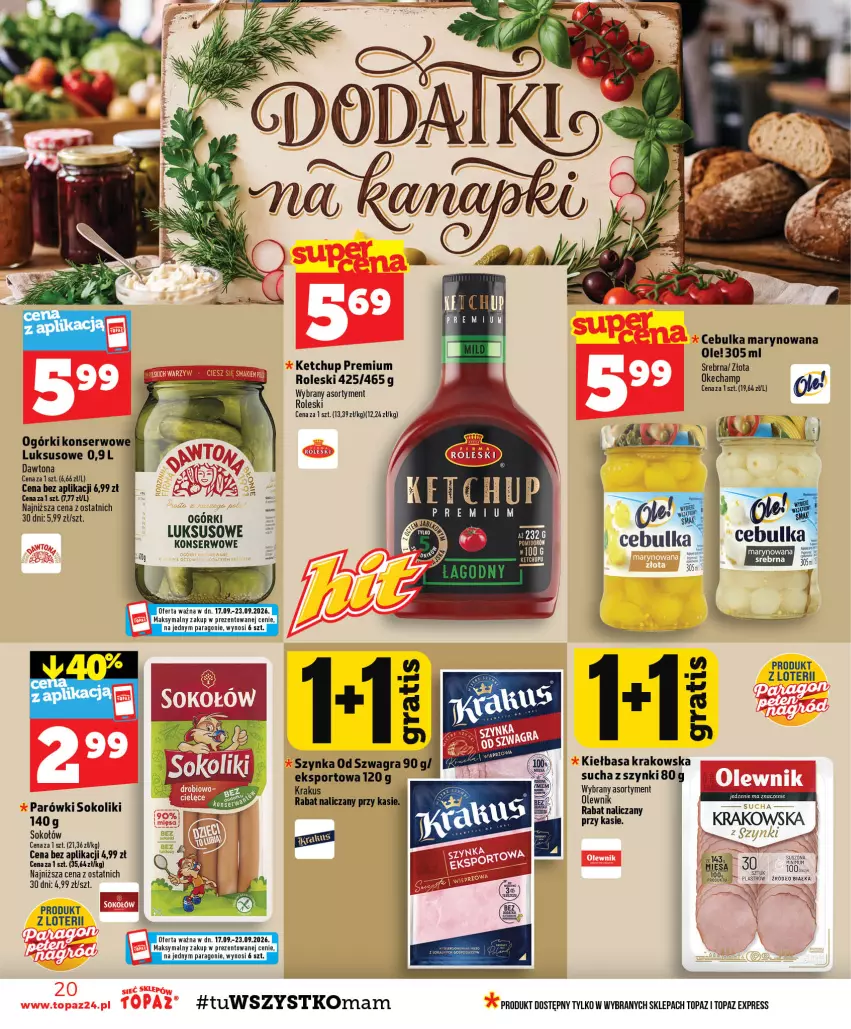 Gazetka promocyjna Topaz - Gazetka - ważna 17.09 do 23.09.2026 - strona 20 - produkty: Dawtona, Gra, Ketchup, Kiełbasa, Kiełbasa krakowska, Krakus, Ole!, Parówki, Parówki sokoliki, Por, Ser, Sok, Sokołów, Sport, Szynka, Top