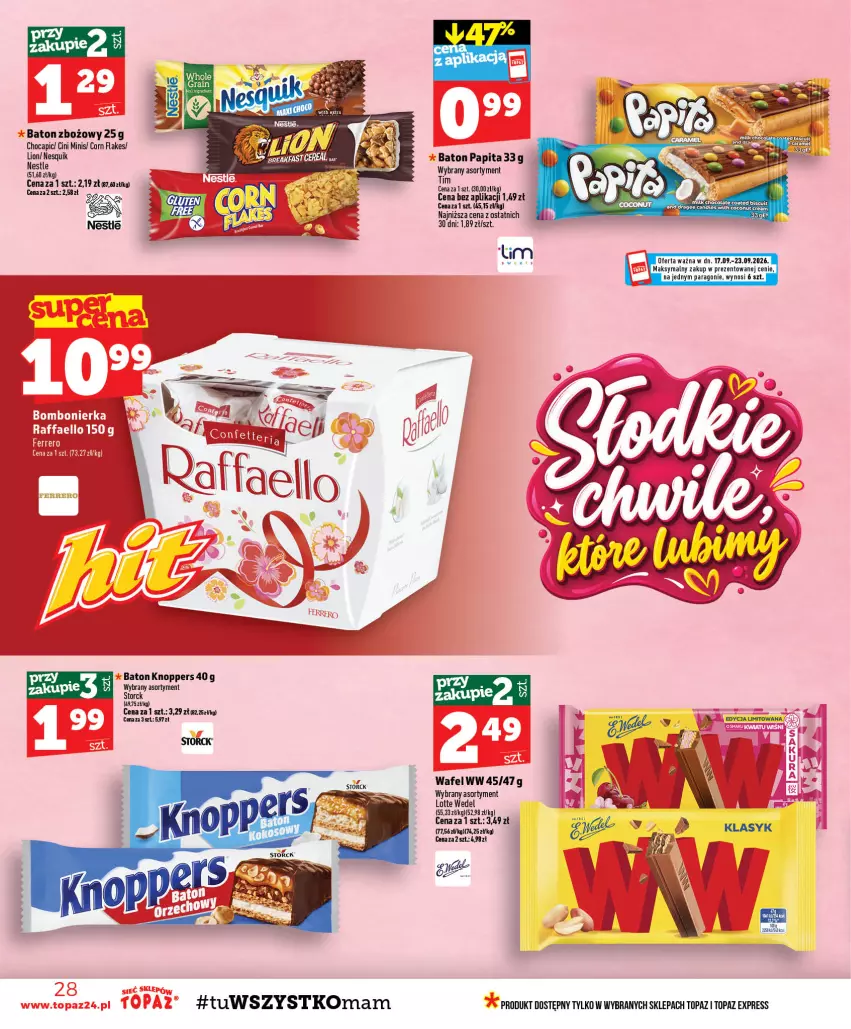 Gazetka promocyjna Topaz - Gazetka - ważna 17.09 do 23.09.2026 - strona 28 - produkty: Baton, Cini Minis, Corn flakes, Fa, Knoppers, Lion, Nesquik, Ser, Top