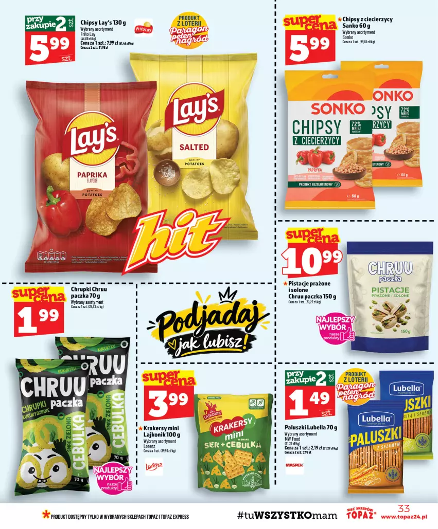 Gazetka promocyjna Topaz - Gazetka - ważna 17.09 do 23.09.2026 - strona 33 - produkty: Bell, Bella, Chipsy, Chrupki, Krakersy, Lajkonik, Lorenz, Lubella, Pistacje, Sonko, Top