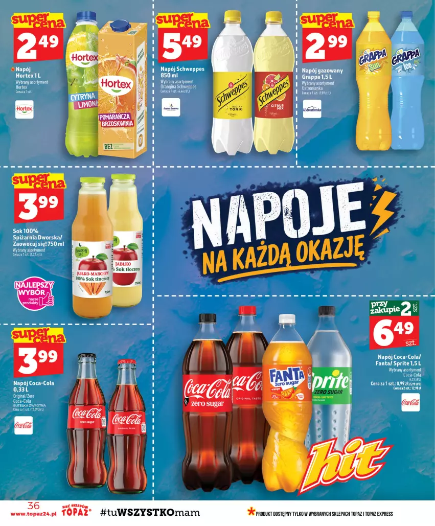 Gazetka promocyjna Topaz - Gazetka - ważna 17.09 do 23.09.2026 - strona 36 - produkty: Coca-Cola, Fa, Fanta, Gin, Gra, Grappa, Hortex, Napój, Napój gazowany, Schweppes, Sok, Sprite, Top