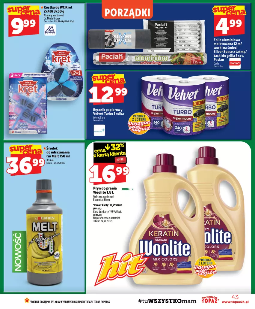 Gazetka promocyjna Topaz - Gazetka - ważna 17.09 do 23.09.2026 - strona 43 - produkty: Folia aluminiowa, Grill, Kostka do wc, Kret, Papier, Ręcznik, Top, Velvet, Woolite
