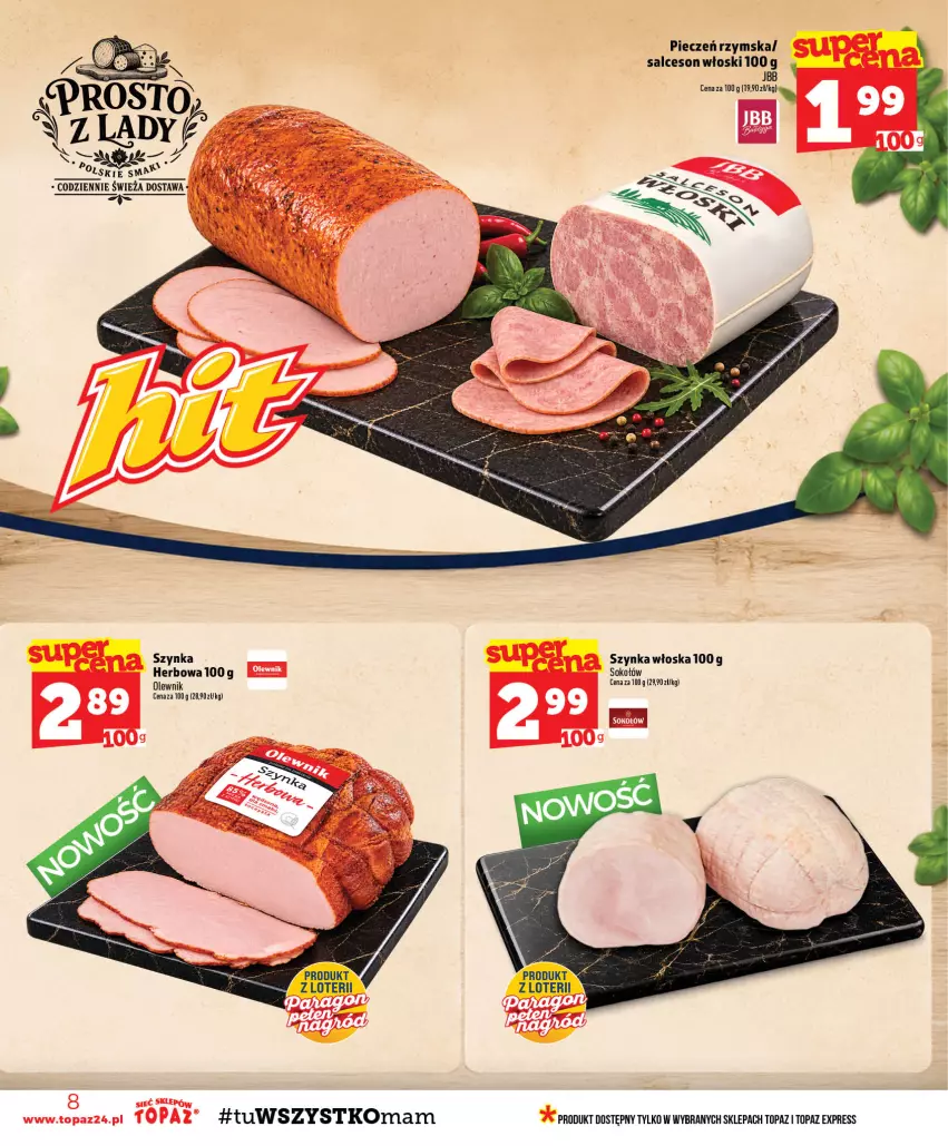 Gazetka promocyjna Topaz - Gazetka - ważna 17.09 do 23.09.2026 - strona 8 - produkty: Olewnik, Piec, Pieczeń rzymska, Salceson, Sok, Sokołów, Szynka, Top