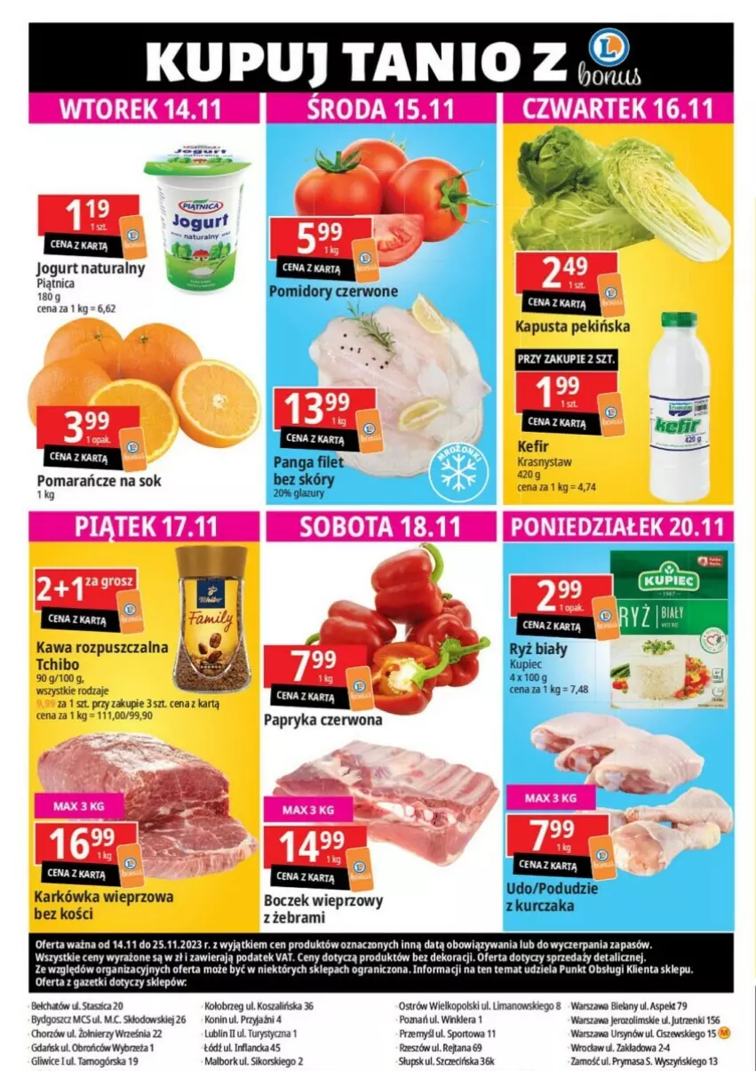 Gazetka promocyjna E Leclerc - ważna 14.11 do 25.11.2023 - strona 42 - produkty: Boczek, Boczek wieprzowy, Gra, Jogurt, Jogurt naturalny, Kawa, Kawa rozpuszczalna, Kefir, Kosz, Papryka, Papryka czerwona, Piątnica, Pomarańcze, Por, Sok, Sport, Szal, Tchibo