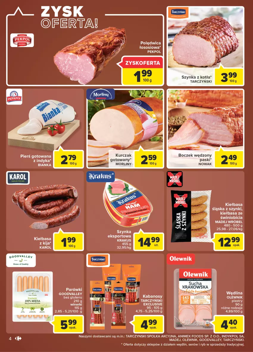 Gazetka promocyjna Carrefour - Gazetka Market Zyskoteka - ważna 08.02 do 14.02.2022 - strona 4 - produkty: Bianka, Boczek, Fa, Kabanos, Kiełbasa, Kurczak, Madej Wróbel, Morliny, NOWAK, Olewnik, Parówki, Polędwica, Por, Ser, Sos, Sport, Szynka, Tarczyński, Wędlina