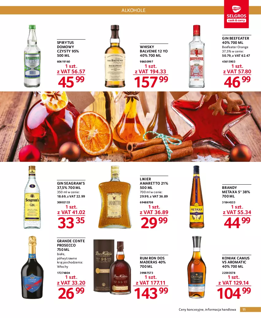 Gazetka promocyjna Selgros - Oferta gastronomiczna - ważna 01.12 do 14.12.2022 - strona 11 - produkty: Alkohole, Brandy, Gin, Gra, Likier, Metaxa, Mus, Prosecco, Rum, Whisky