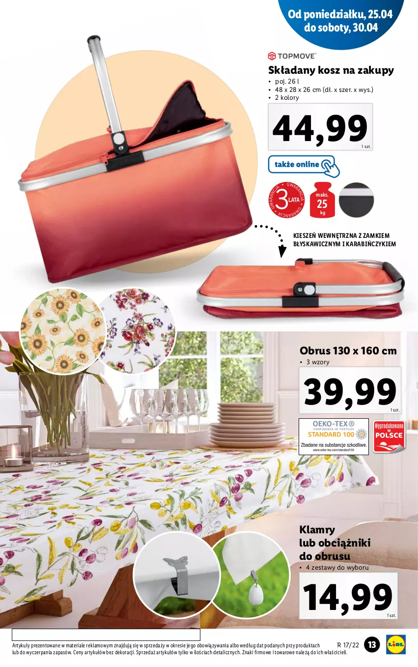 Gazetka promocyjna Lidl - GAZETKA - ważna 25.04 do 30.04.2022 - strona 13 - produkty: Kosz, Obrus