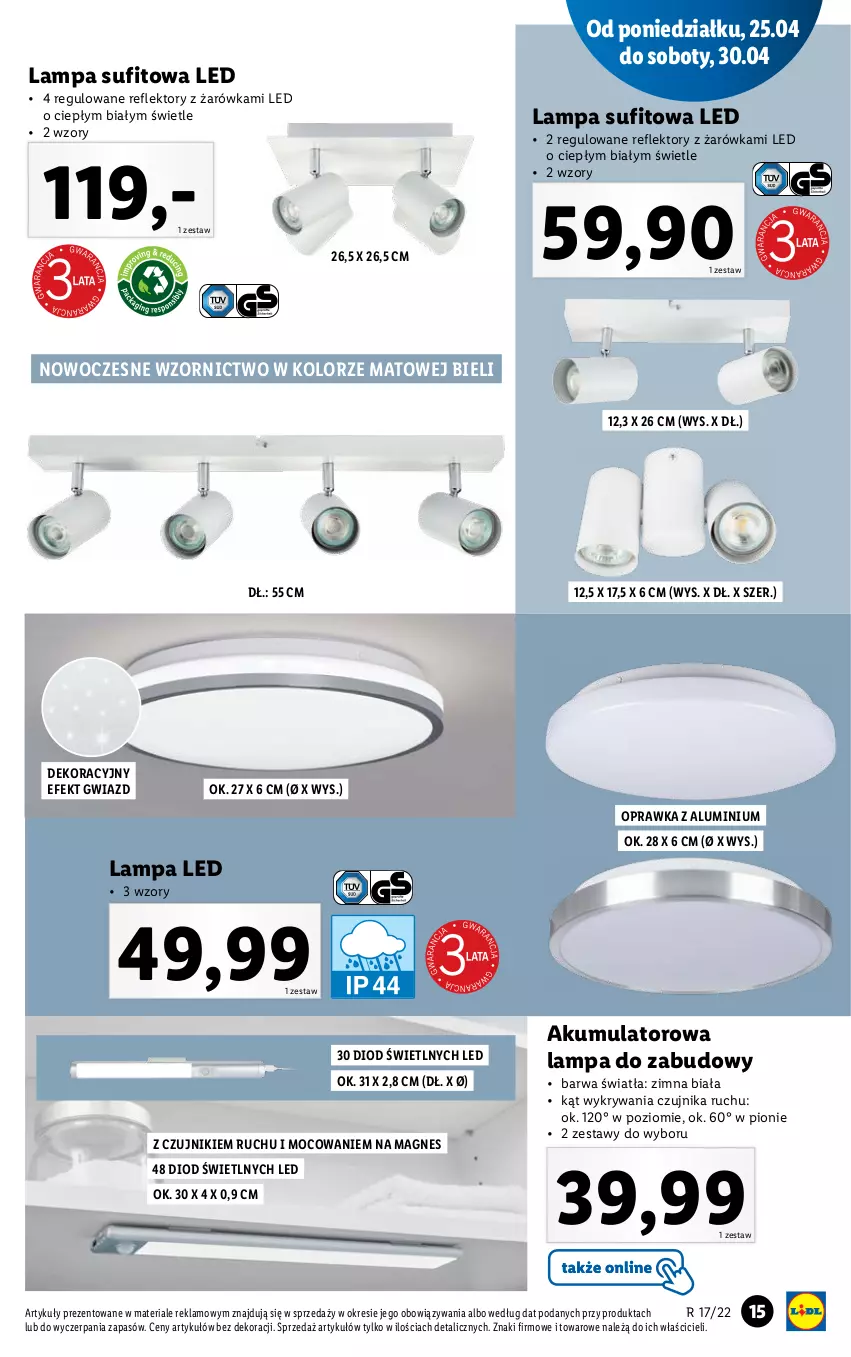 Gazetka promocyjna Lidl - GAZETKA - ważna 25.04 do 30.04.2022 - strona 15 - produkty: Akumulator, Finish, Gin, Inka, Lampa, Lampa LED, Lampa sufitowa, LG, Monte, Por, Pur, Reflektor, Rum, Ser, Sos